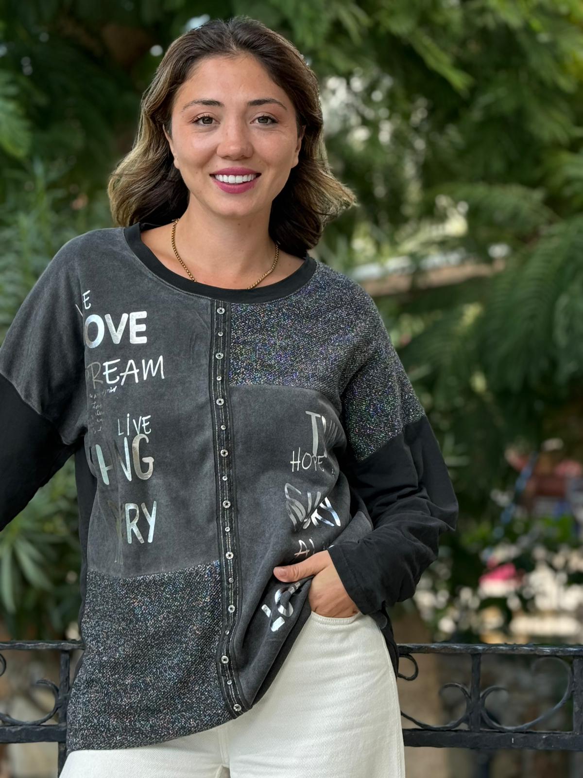 NC53761 İtalyan Yazılı Ve Taşlı Coton Sweatshirt Siyah