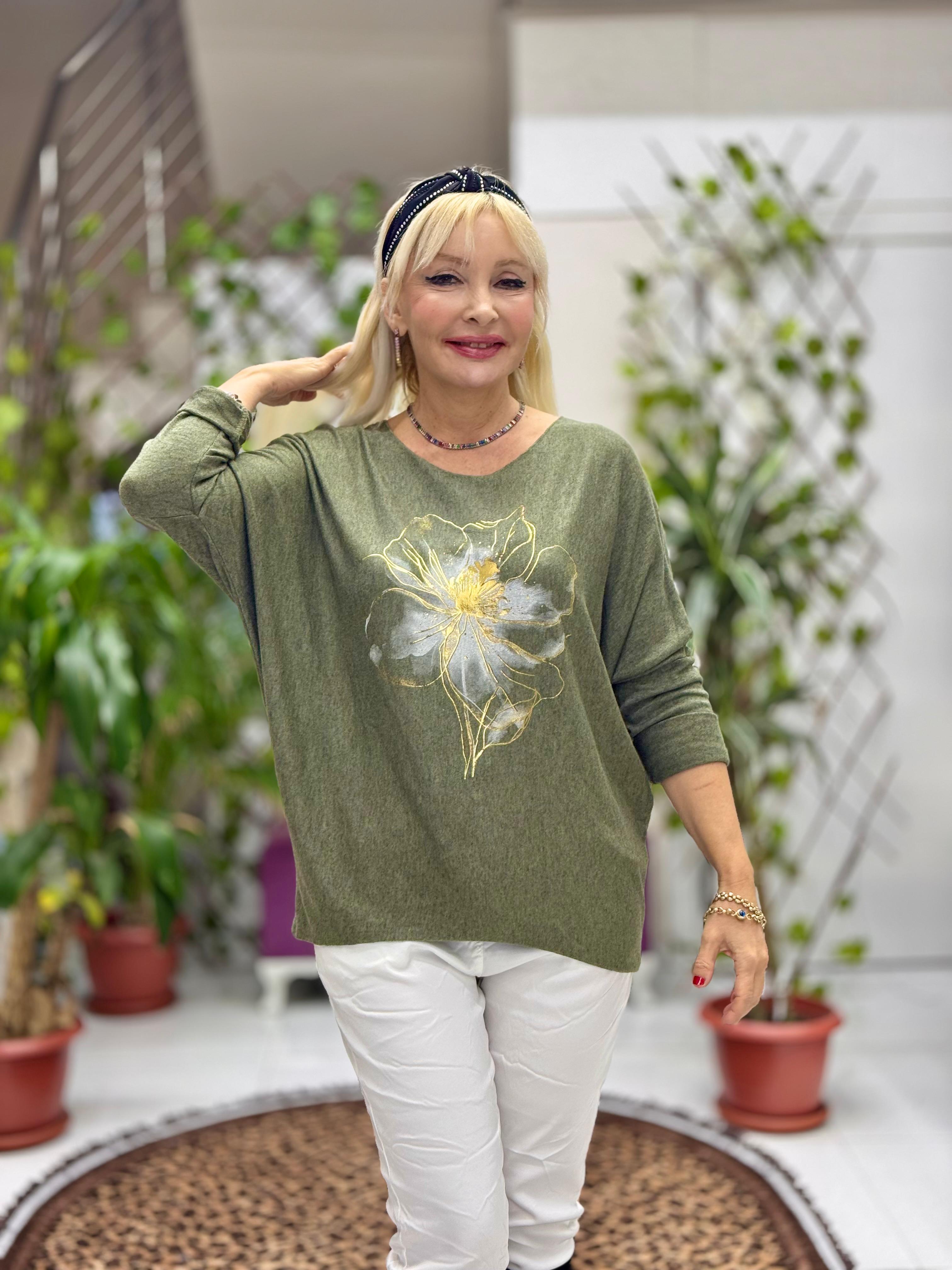 YG3003 Çiçek Baskılı İtalyan Triko Bluz Haki