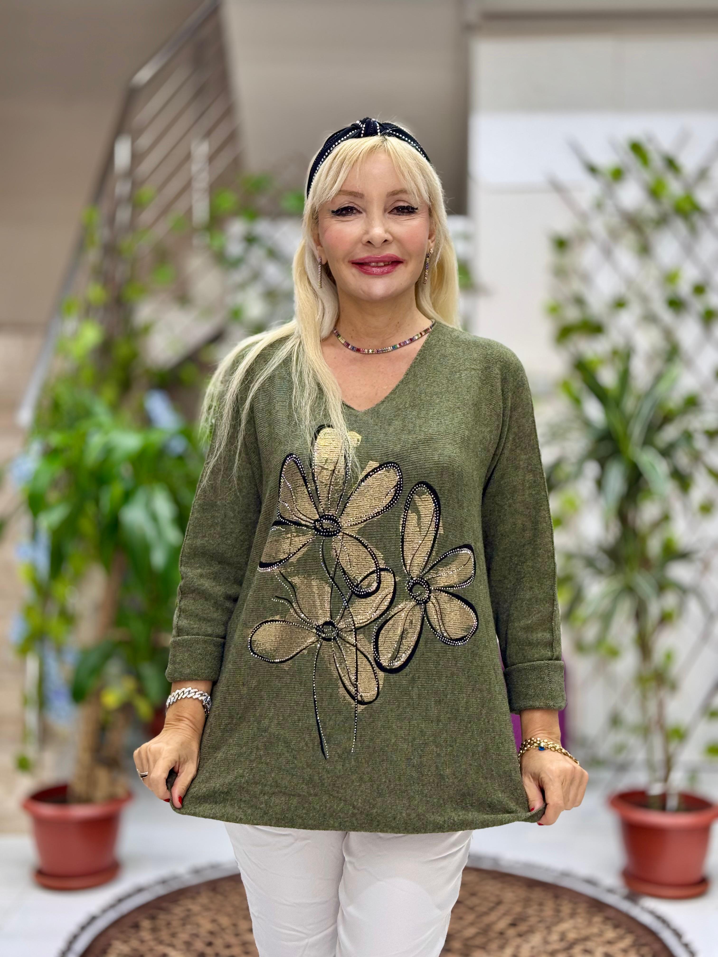 YG8022 Çiçek Desenli Taşlı İtalyan Triko Bluz Yeşil