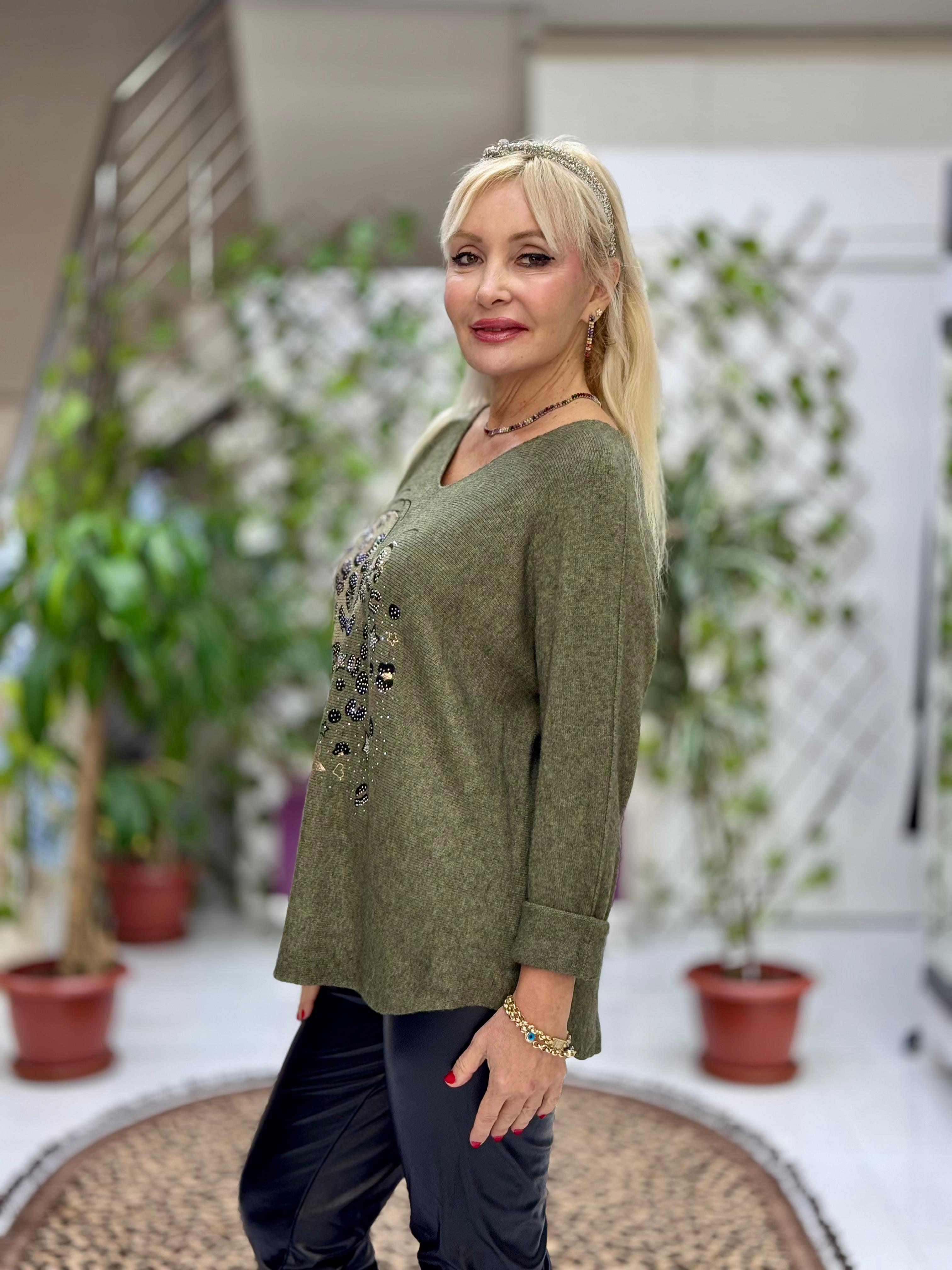 YG8023 Kalp Desenli Taşlı İtalyan Triko Bluz Yeşil