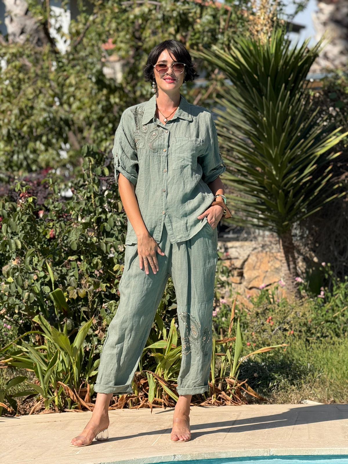 NC303334 İtalyan Pul Payetli Keten Takım Haki