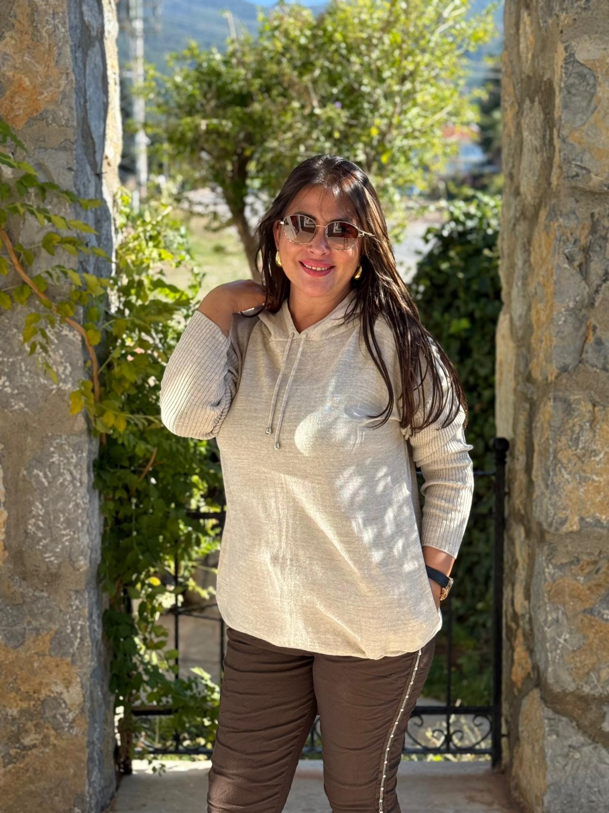 MT3096 Kapüşonlu Cepli Triko Sweatshirt Krem