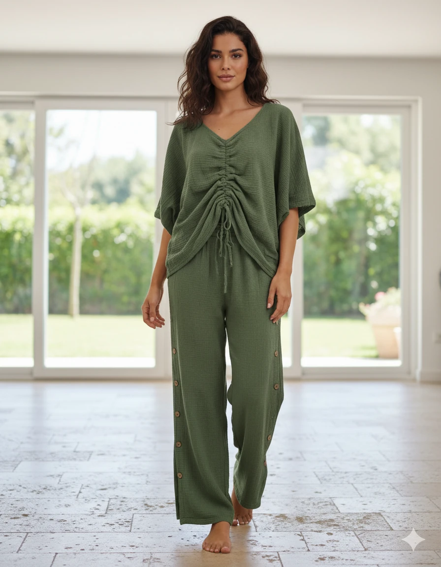 AY23766 Önü Büzgülü Pantolonu Yırtmaçlı Müslin Takım Haki