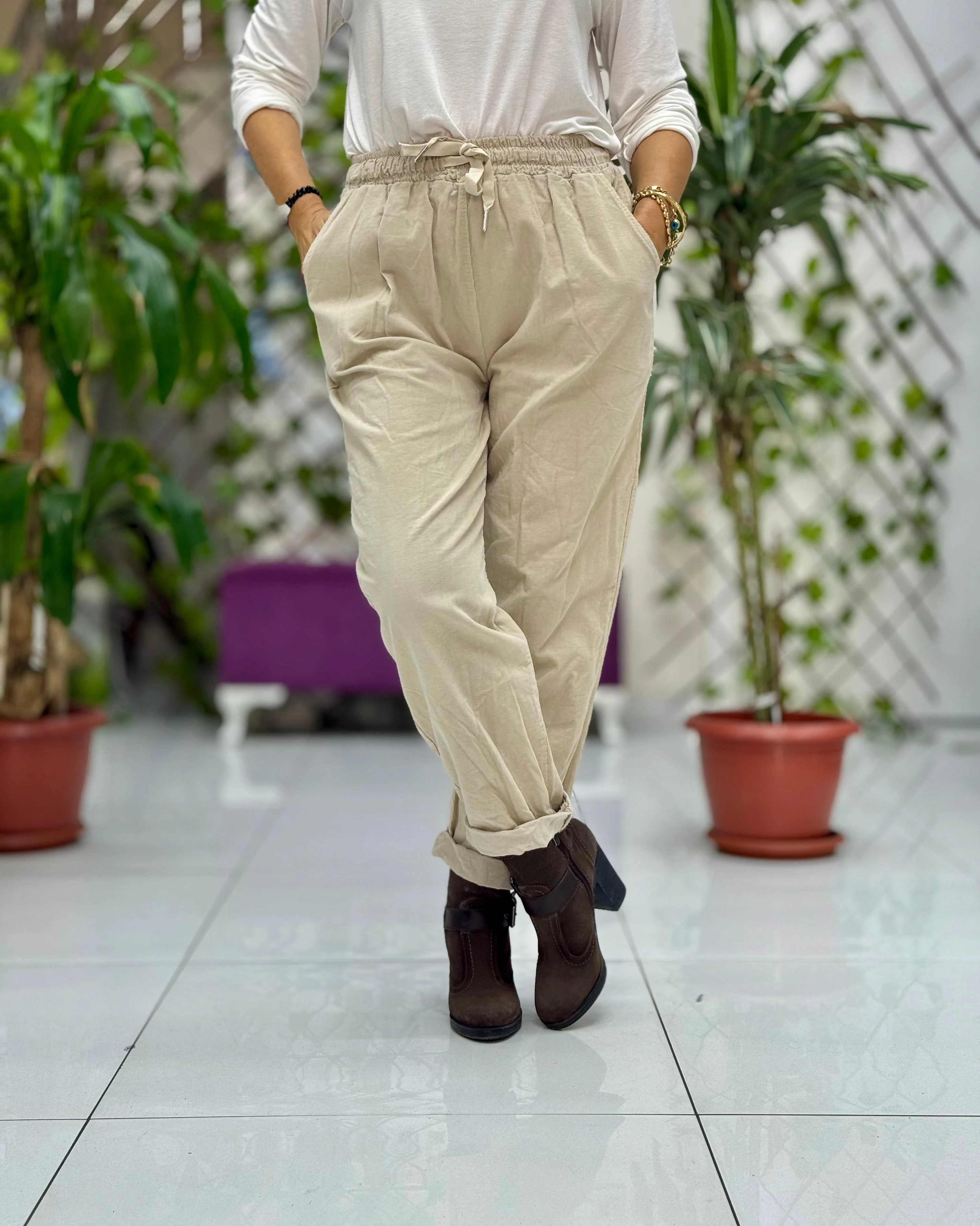 YG3005 Beli Bağcıklı İtalyan Kadife Pantolon Krem