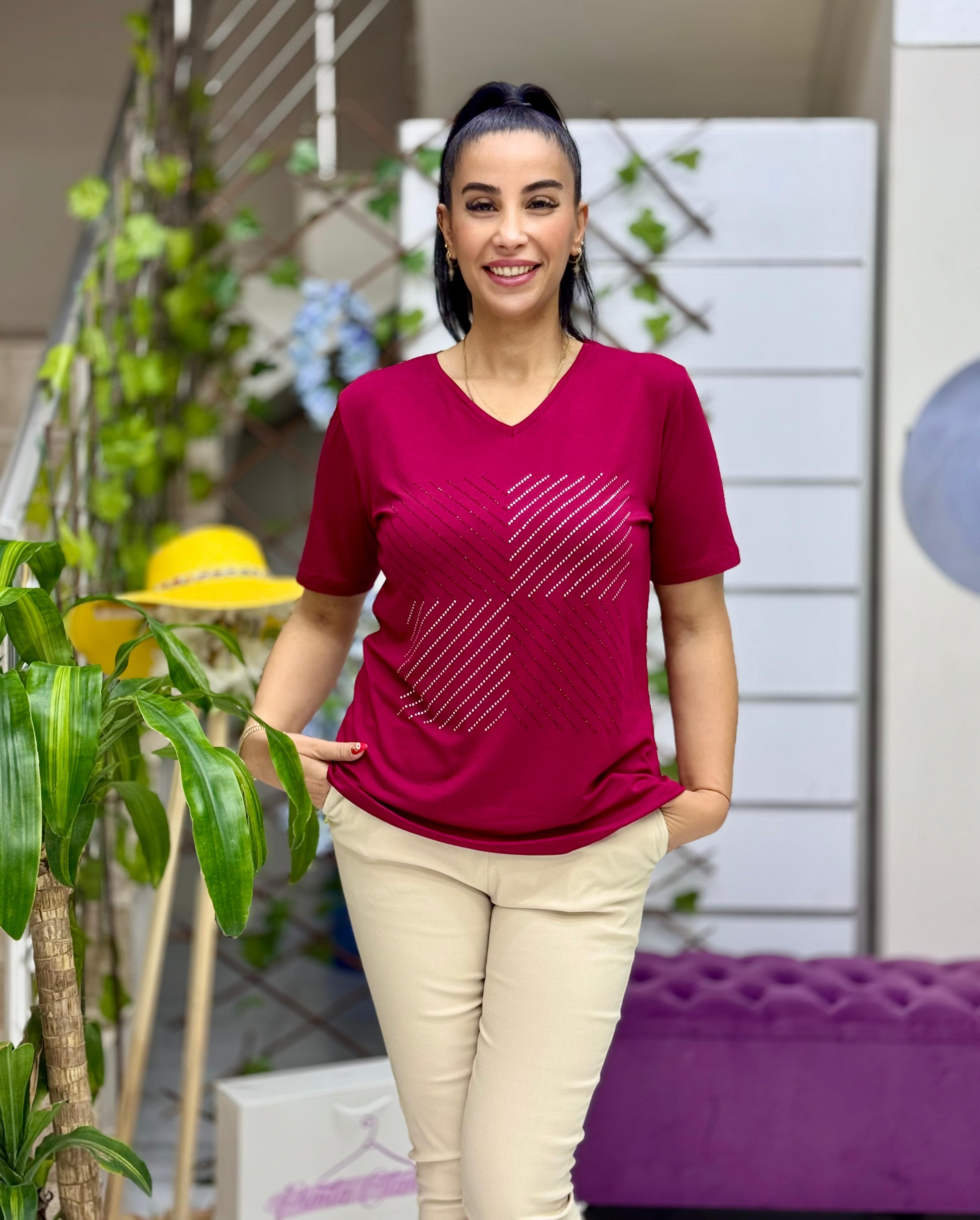 MS4480 V Yaka Taş Desenli Penye Bluz Bordo