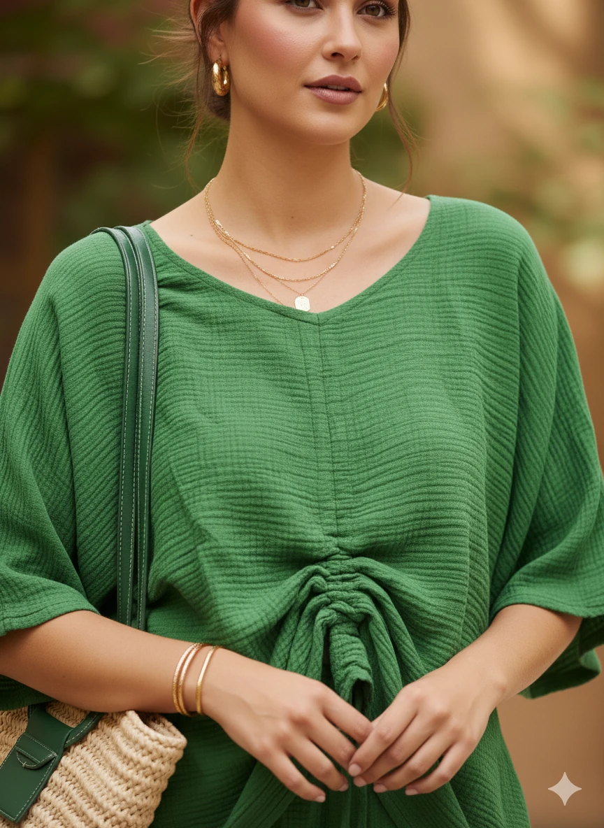 AY23766 Önü Büzgülü Pantolonu Yırtmaçlı Müslin Takım Zümrüt