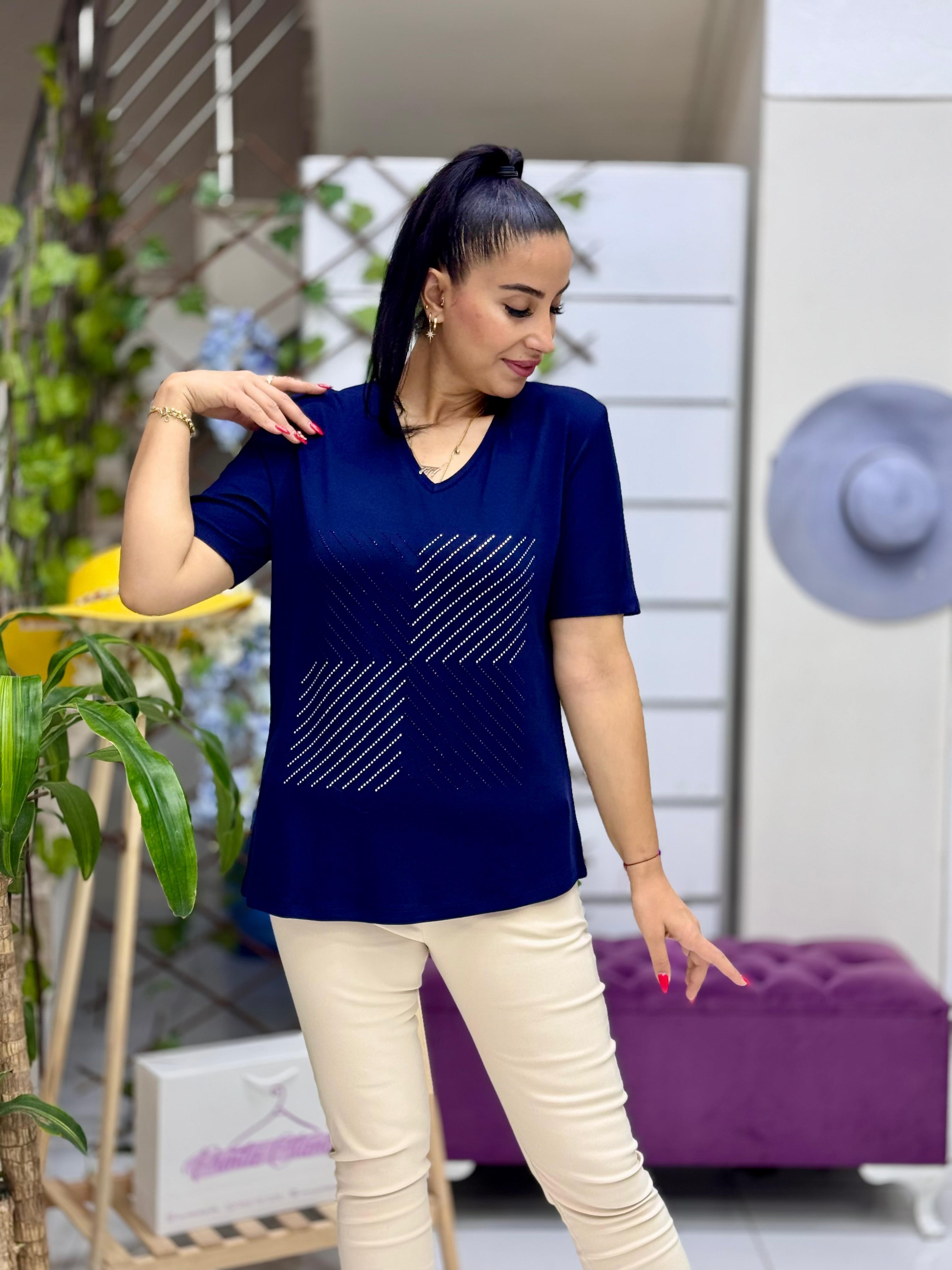 MS4480 V Yaka Taş Desenli Penye Bluz Lacivert