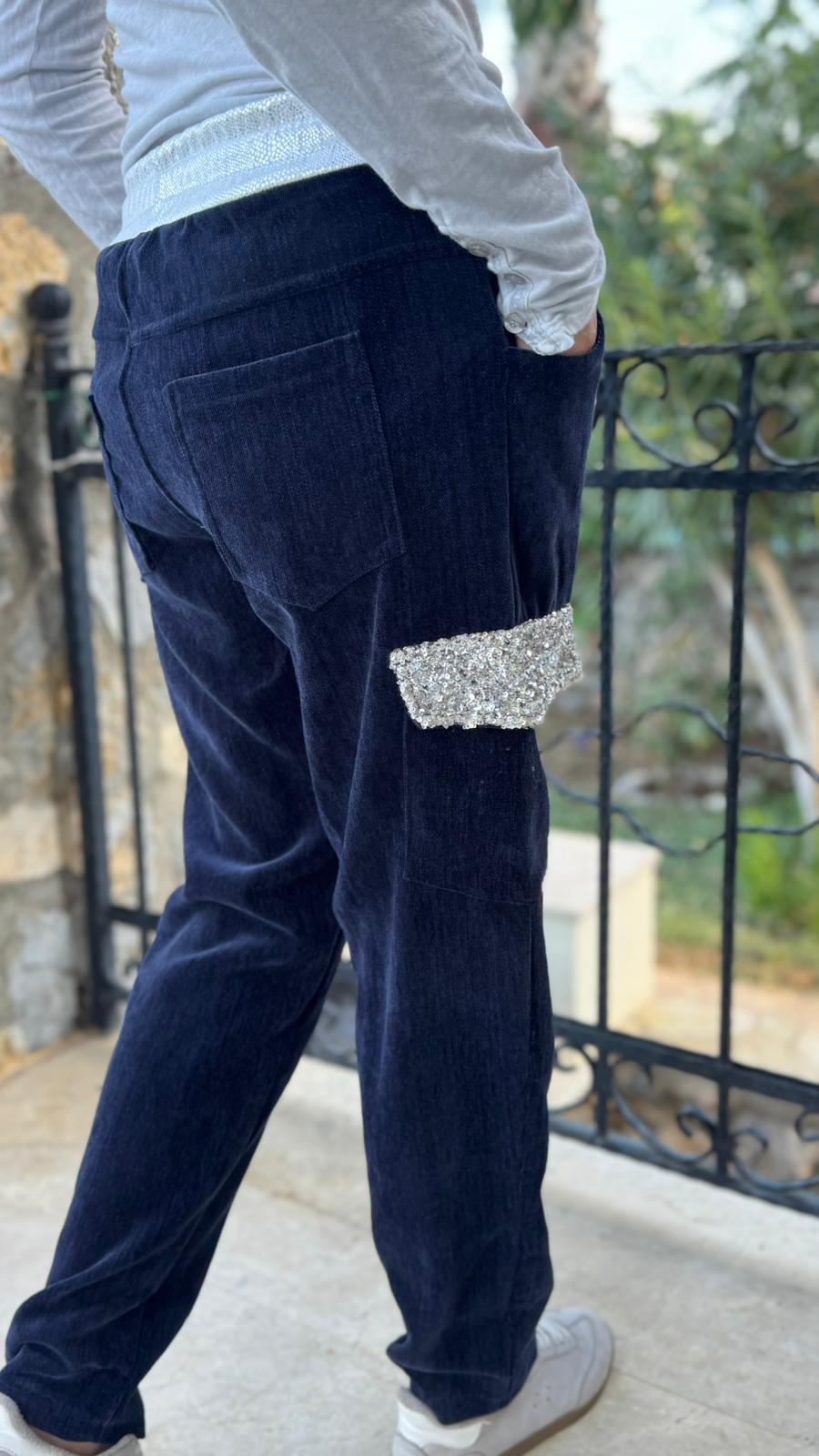 LS13220 İtalyan Cebi Taşlı Kadife Pantolon Lacivert