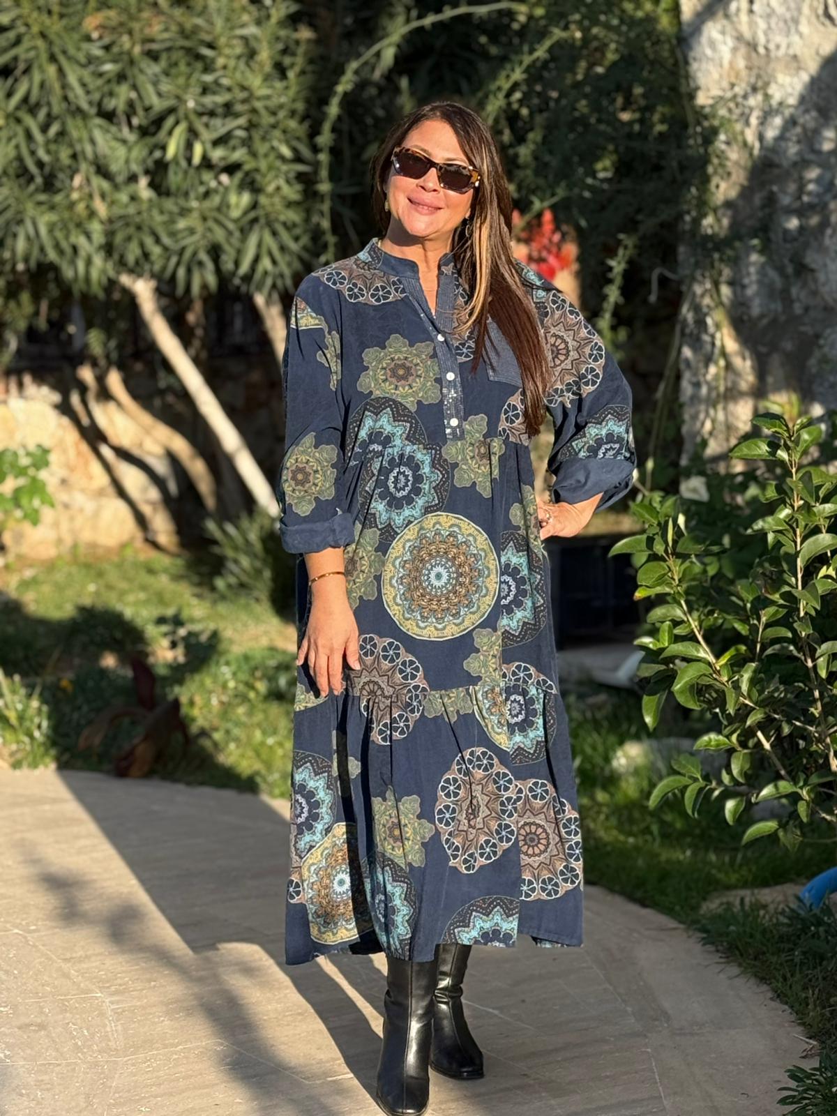 YG12573 Mandala Desen İtalyan Kadife Elbise Lacivert