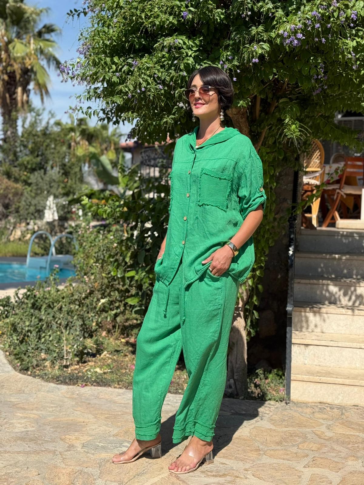 PT2256 İtalyan Önü Cepli Kapüşonlu Keten Takım Zümrüt