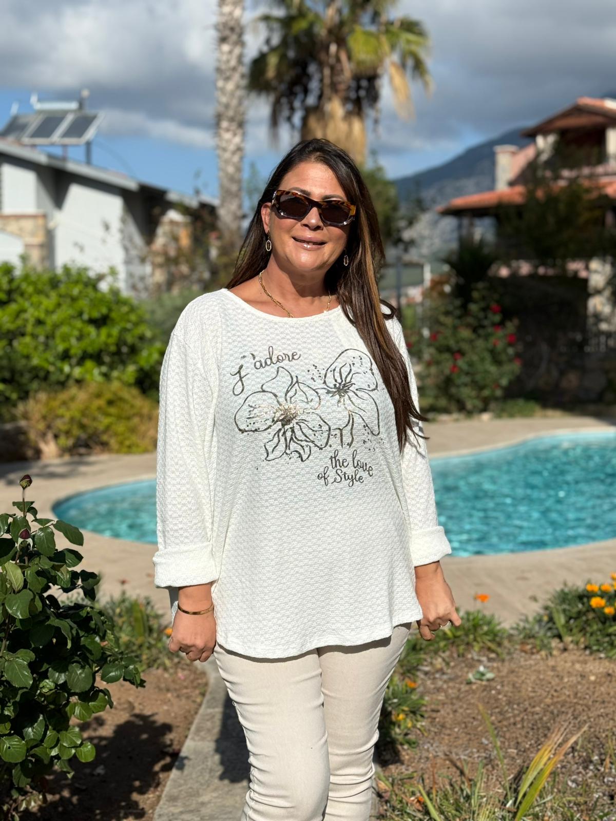 YG31256 İtalyan Kendinden Desenli Çiçek Baskılı Triko Bluz Beyaz