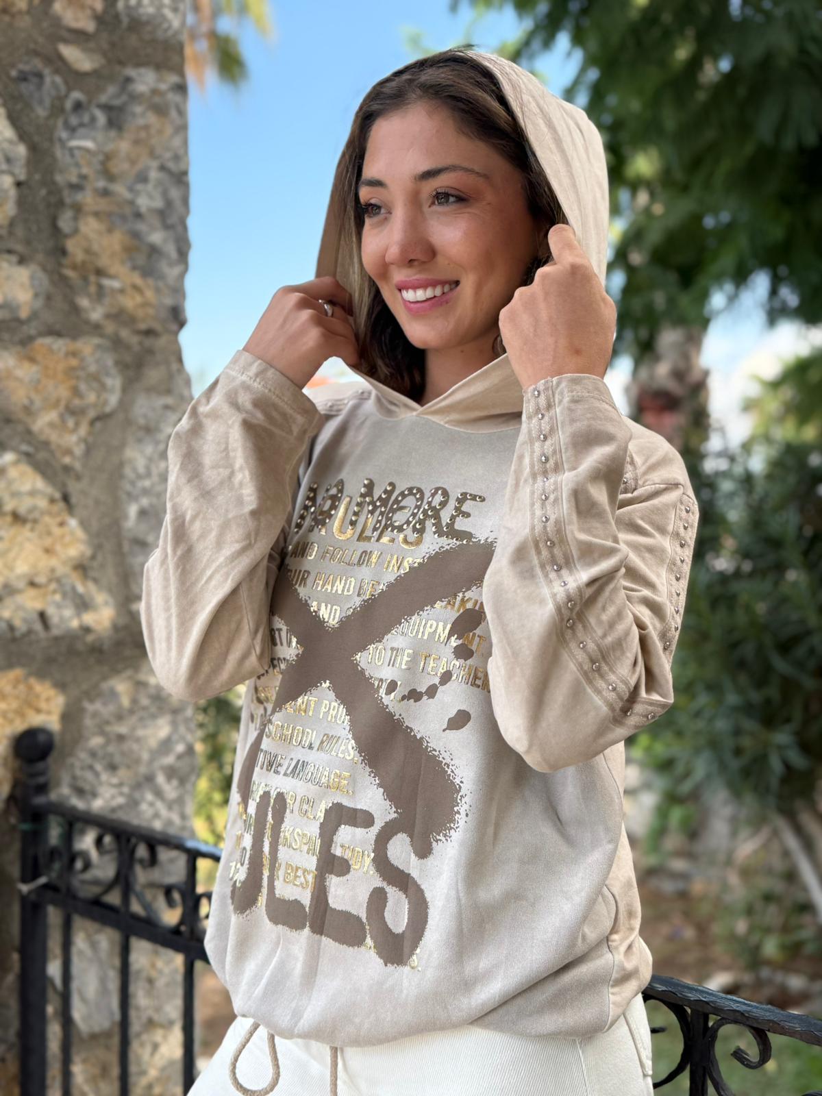 NC59085 İtalyan Yazı Baskılı Kol Zımbalı Kapişonlu Sweatshirt Krem