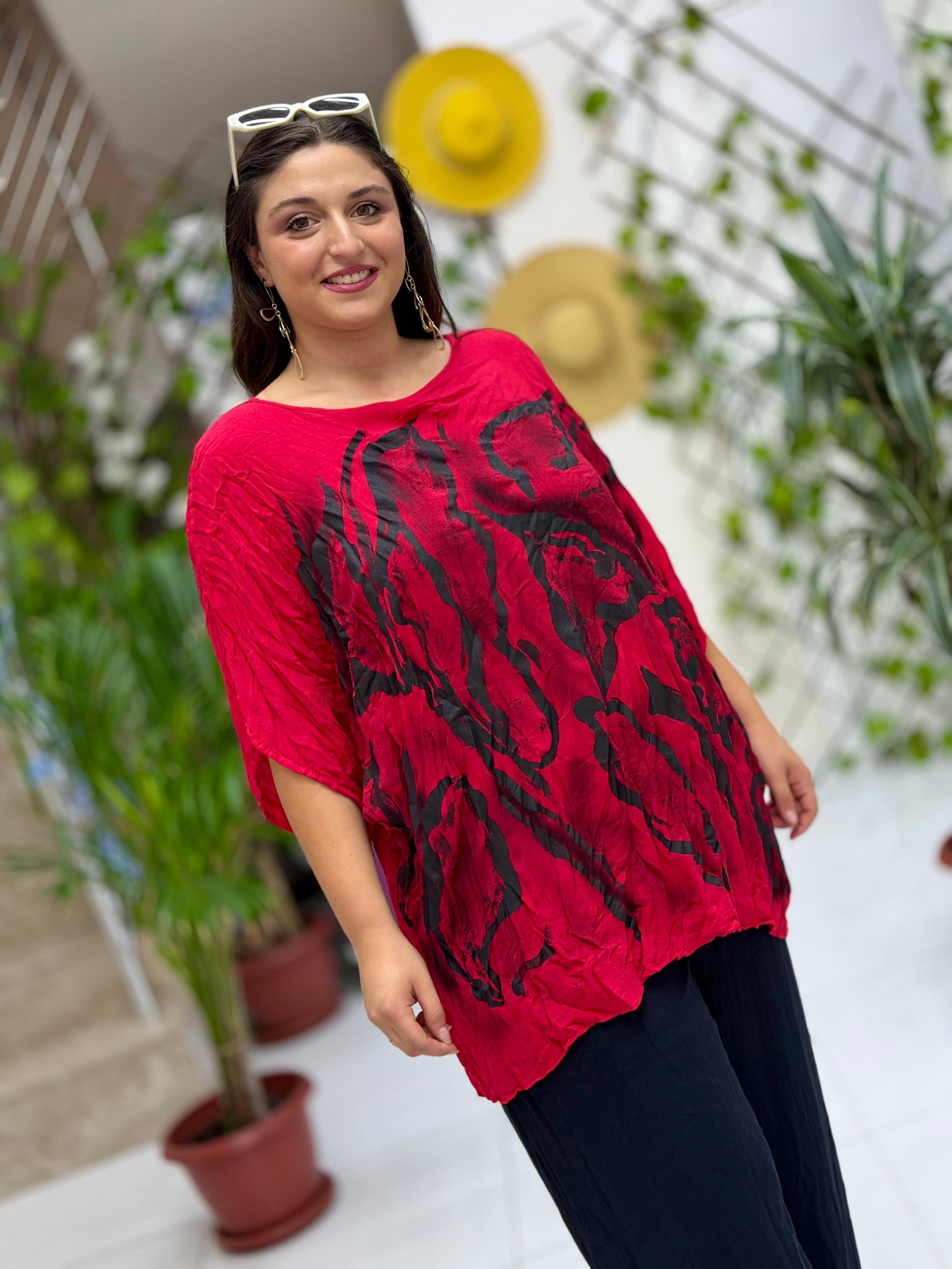 VL3009 Yarasa Kol Baskılı Vual Bluz Kırmızı