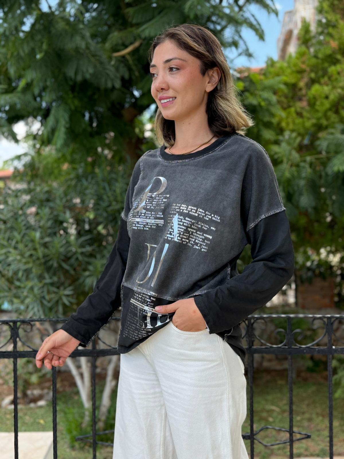 NC8533 İtalyan PADİ Yazılı Coton Sweatshirt Füme
