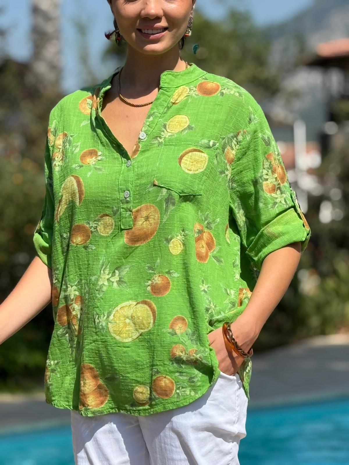 NC154553 İtalyan Pamuk Keten Bluz Yeşil