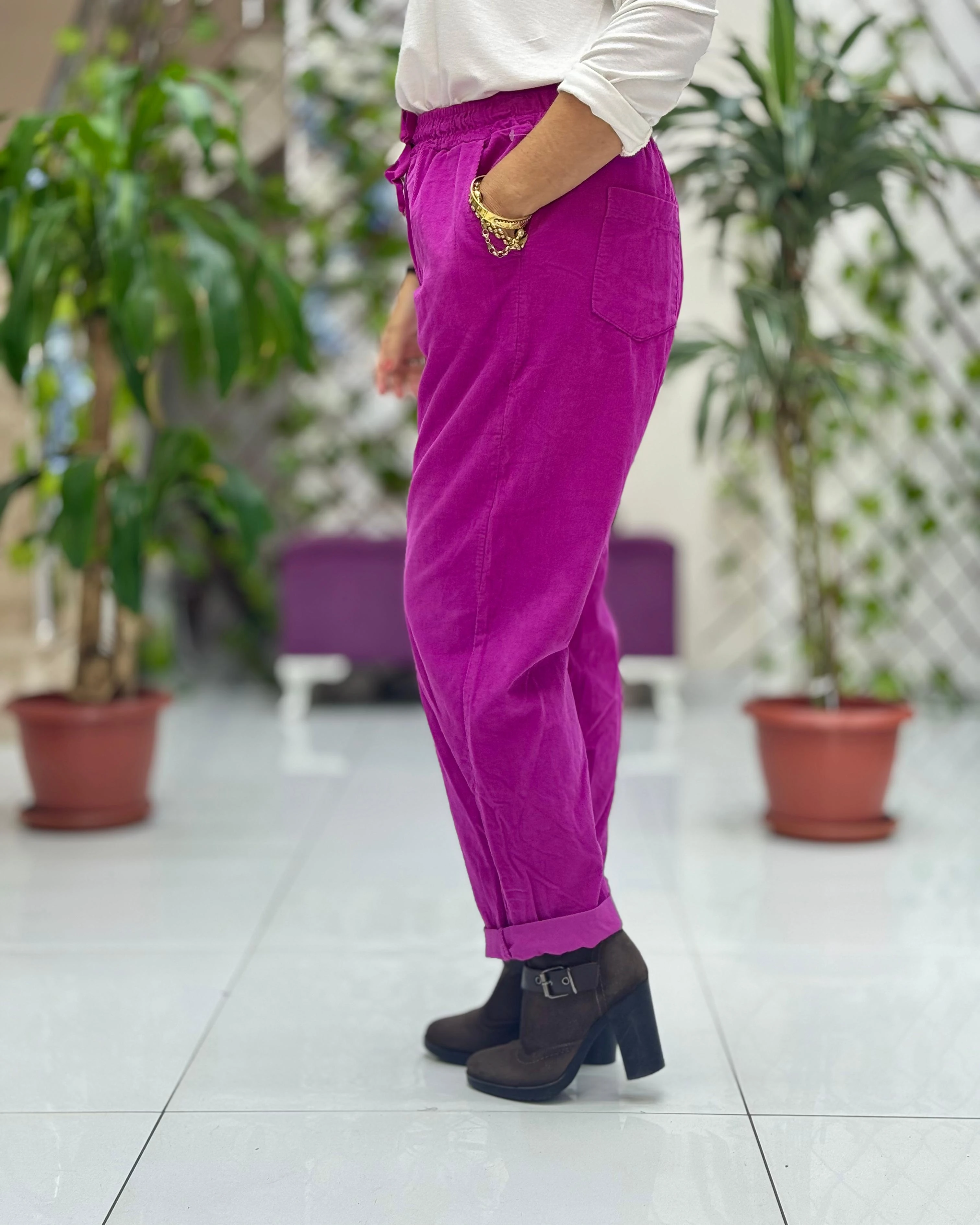 YG3005 Beli Bağcıklı İtalyan Kadife Pantolon Pembe