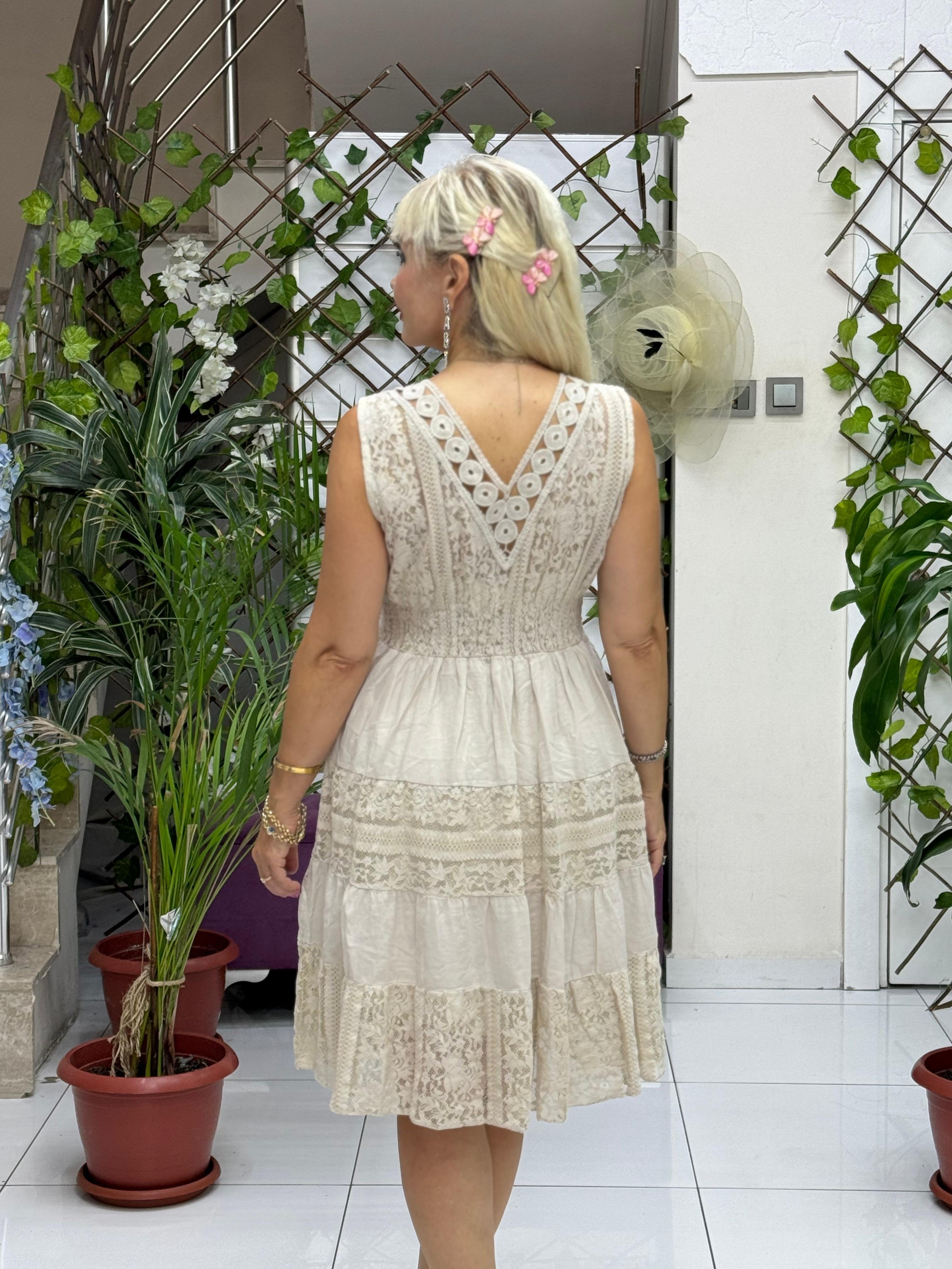 NC10143 İtalyan Askılı Dantelli Coton Elbise Krem