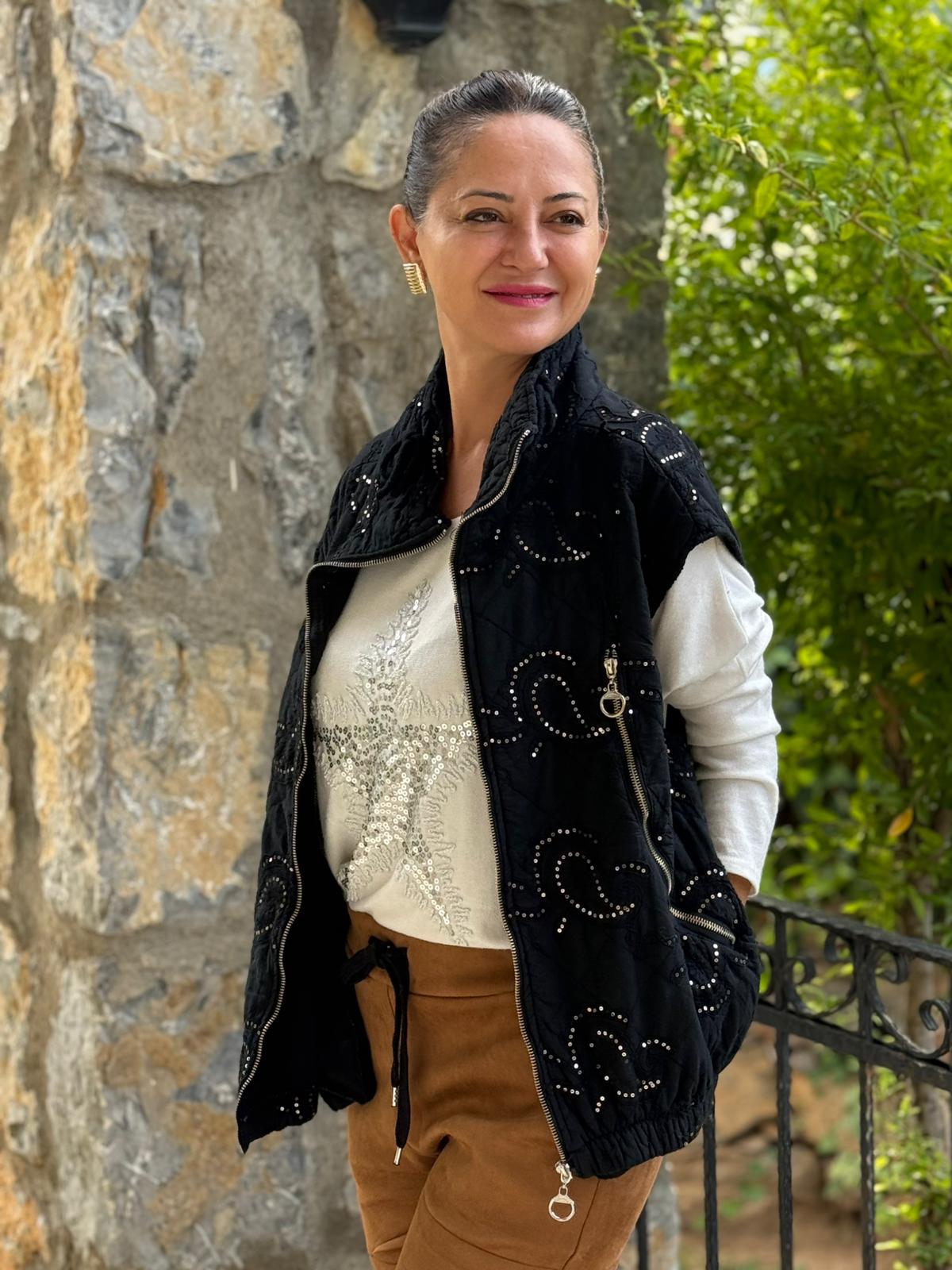 NC61582 Pul Payetli Balıkçı Yaka İtalyan Kapitone Yelek Siyah