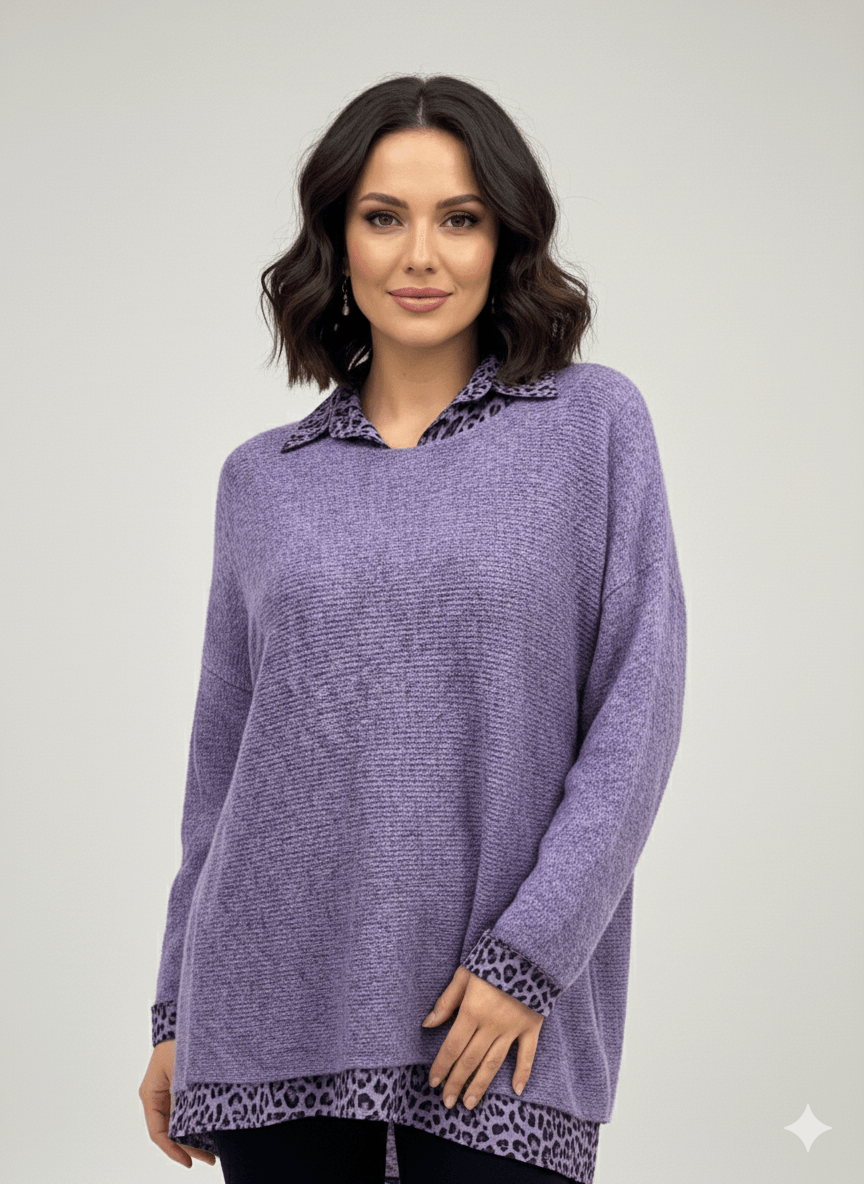 NC516028 İtalyan Leopar Desen Erkek Yaka Kazak Mor