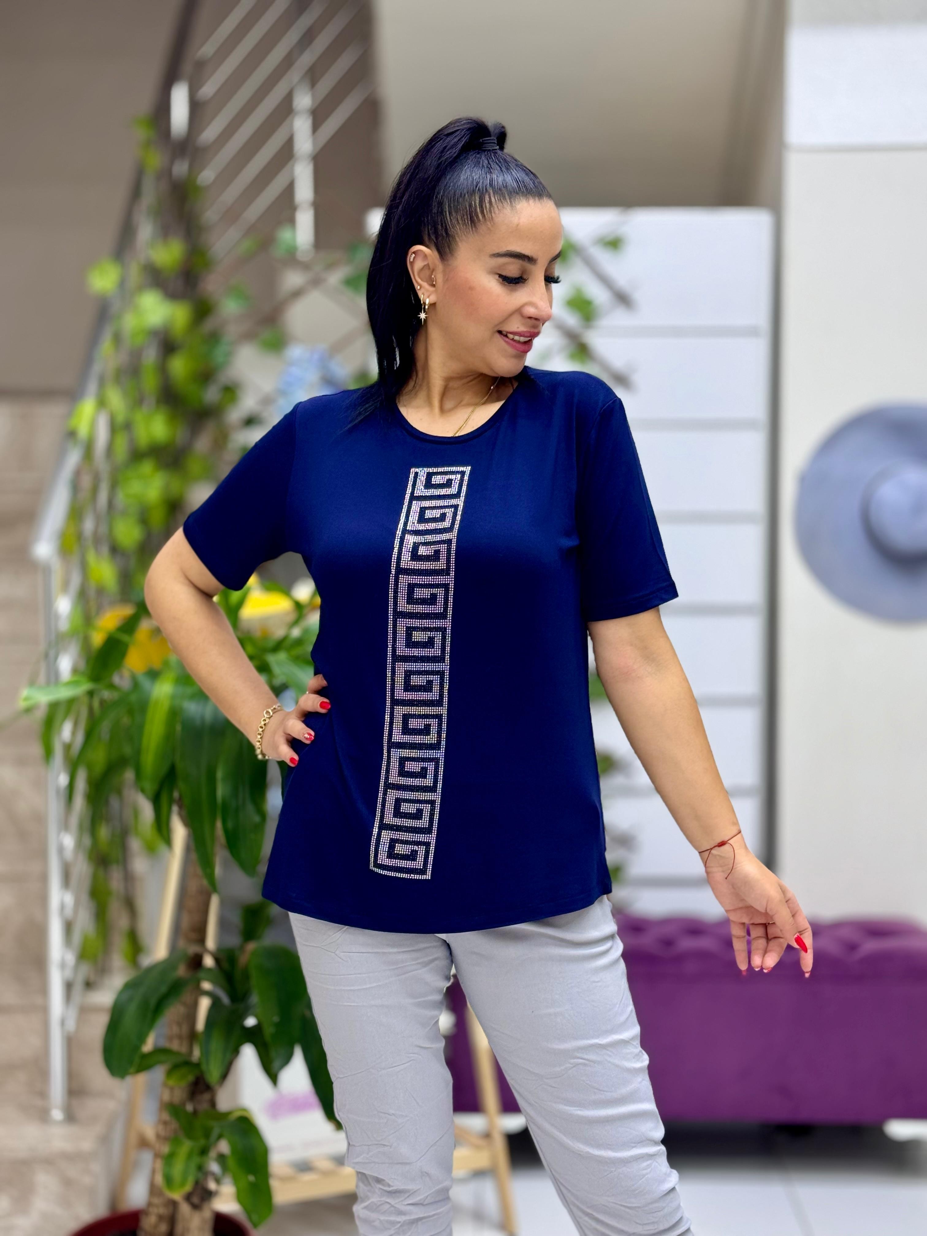MS4222 Şerit Desenli  Penye Bluz Lacivert