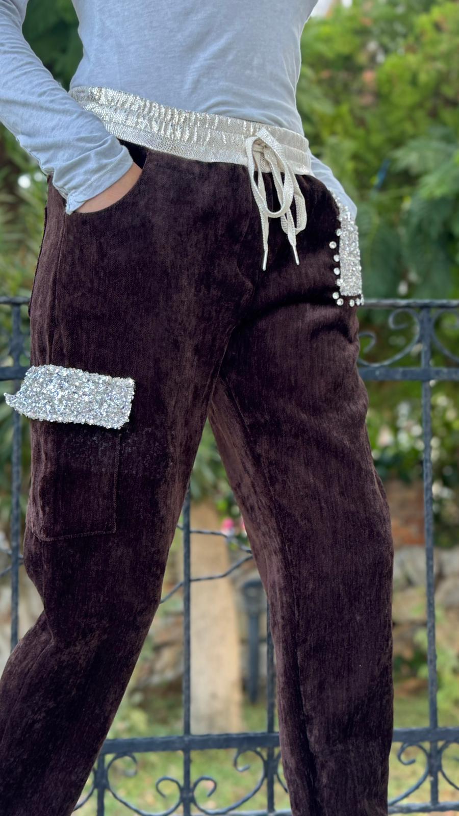 LS13220 İtalyan Cebi Taşlı Kadife Pantolon Kahve