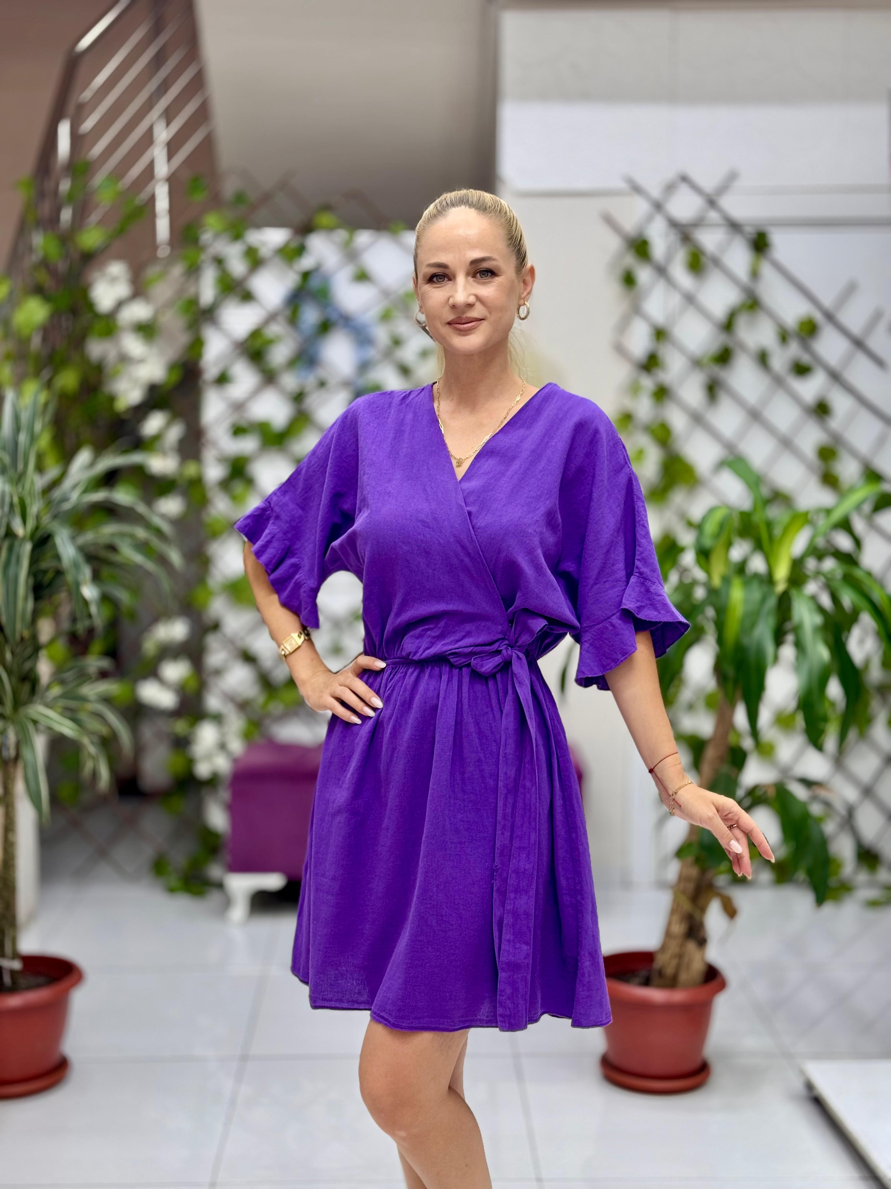 PT25070 Coton Mini Belden Bağlamalı Anvelop Elbise Mor
