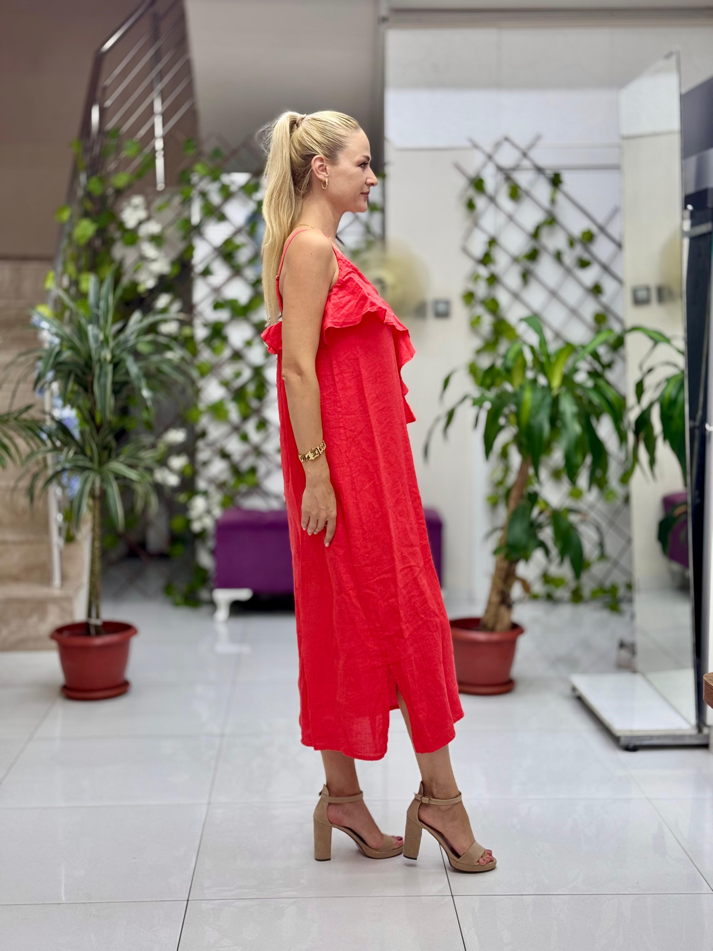 NC2132 İp Askılı Keten Önü Fırfırlı İtalyan Elbise Mercan