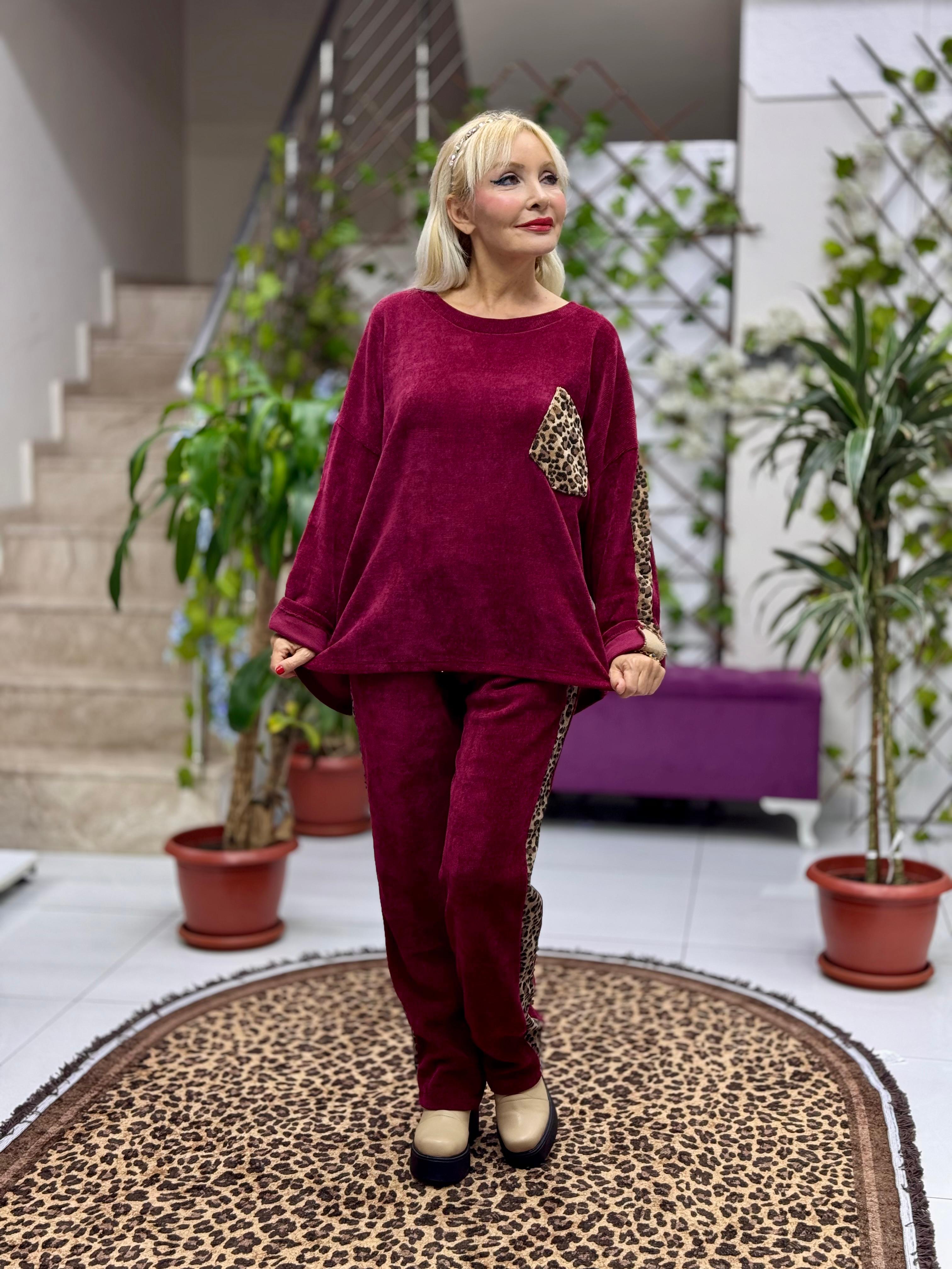 NC25183 Leopar Desenli Cep Detaylı İtalyan Kadife Takım Bordo