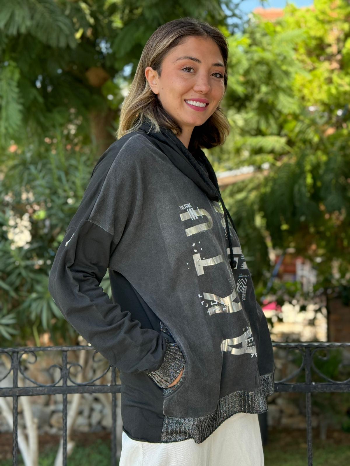 NC53050D İtalyan Yazı Baskılı Cepli Kapüşonlu Coton Sweatshirt Siyah