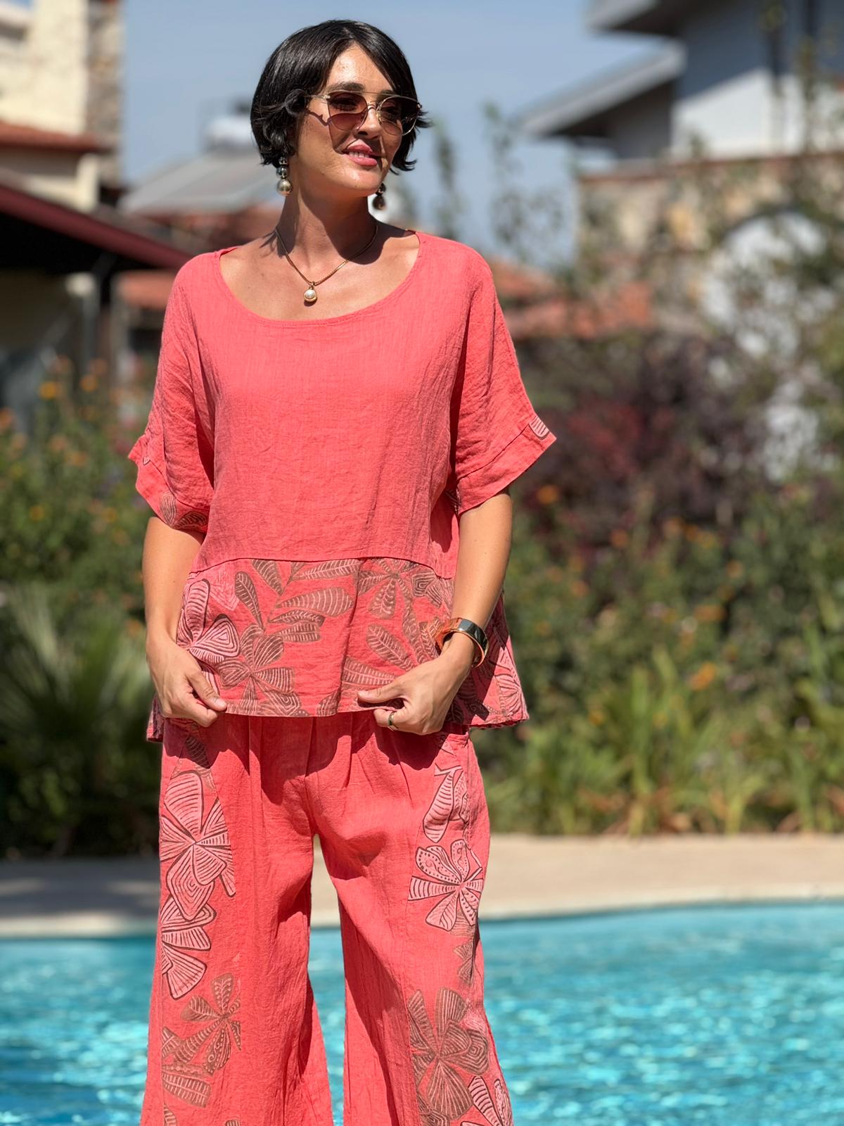 NC61253 İtalyan Çiçek Baskılı Keten Takım Mercan