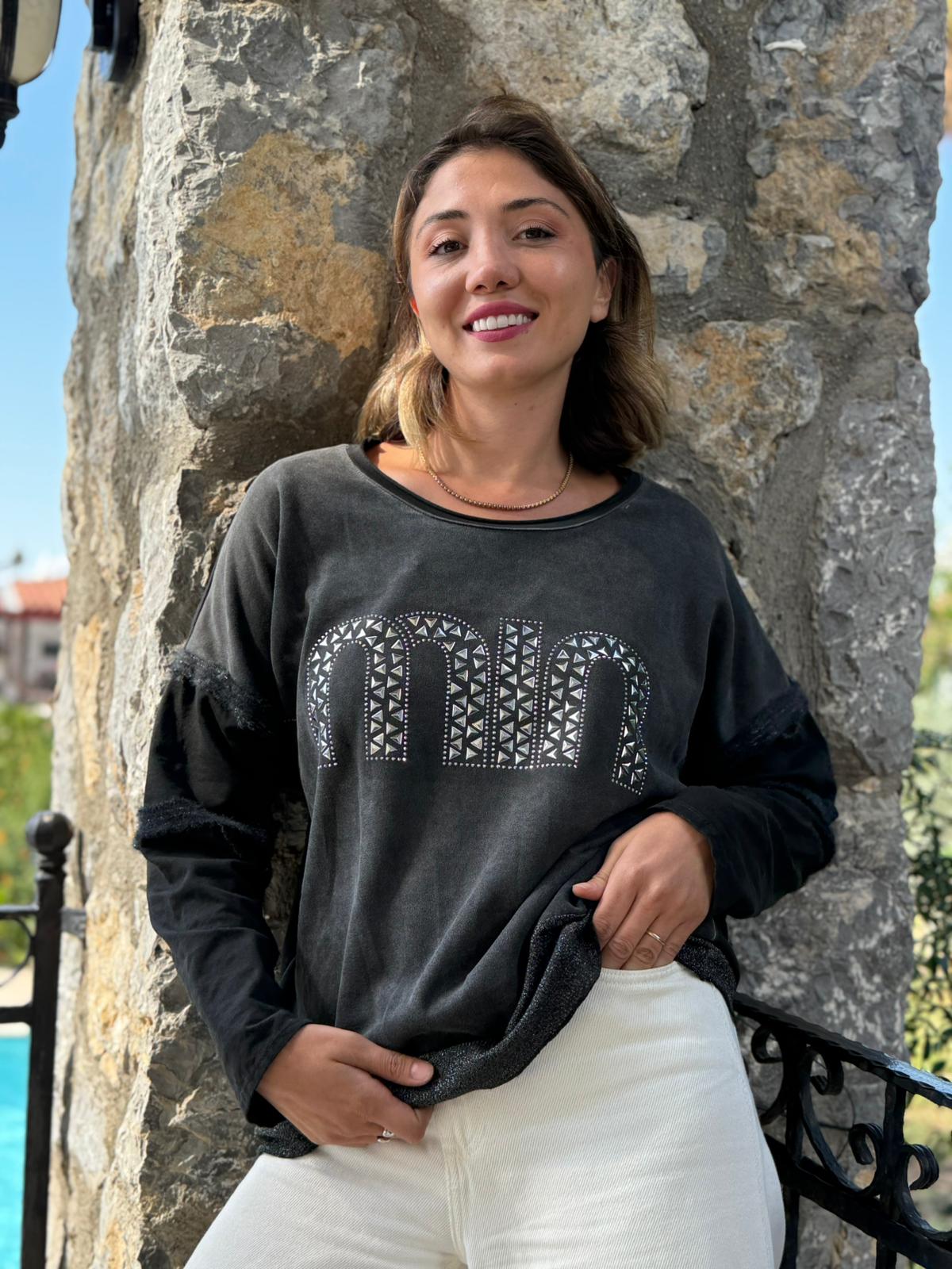 NC53659C İtalyan MIN Taşlı Coton Sweatshirt Siyah