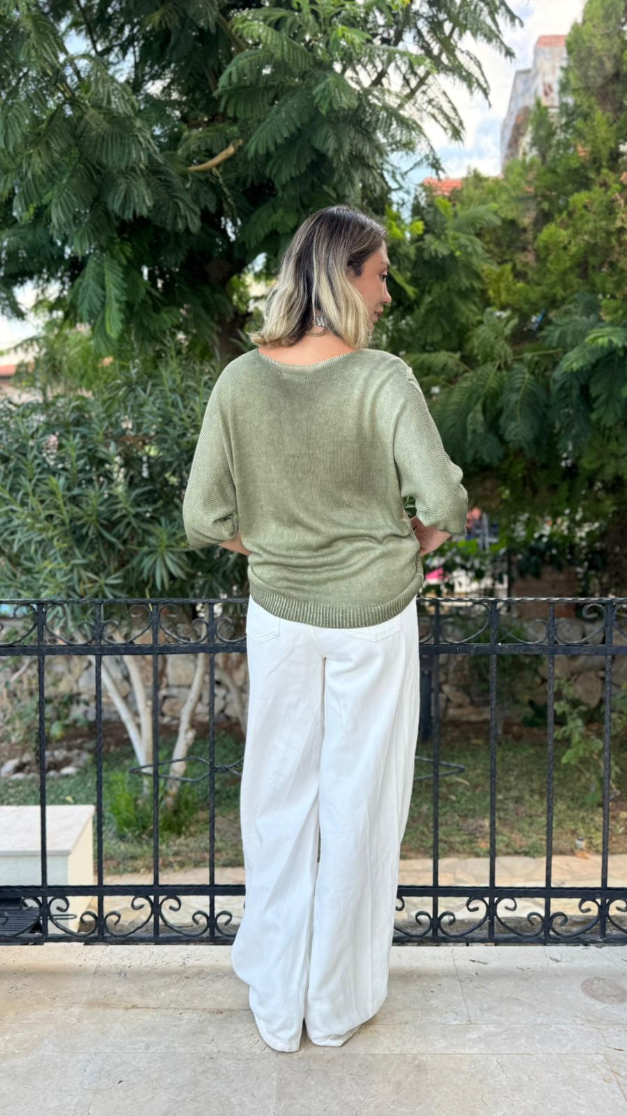 NC6016 İtalyan Fakir Kol Baskılı İnce Triko Bluz Çağla