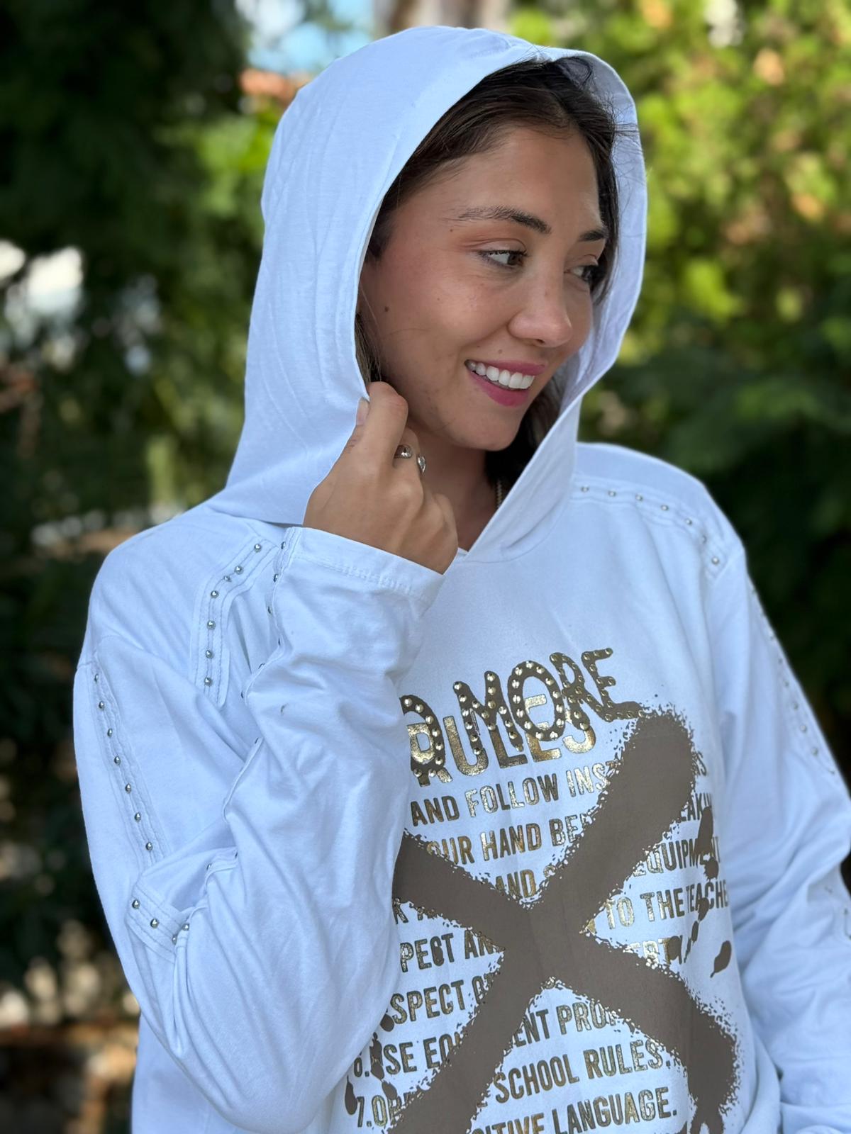 NC59085 İtalyan Yazı Baskılı Kol Zımbalı Kapişonlu Sweatshirt Beyaz