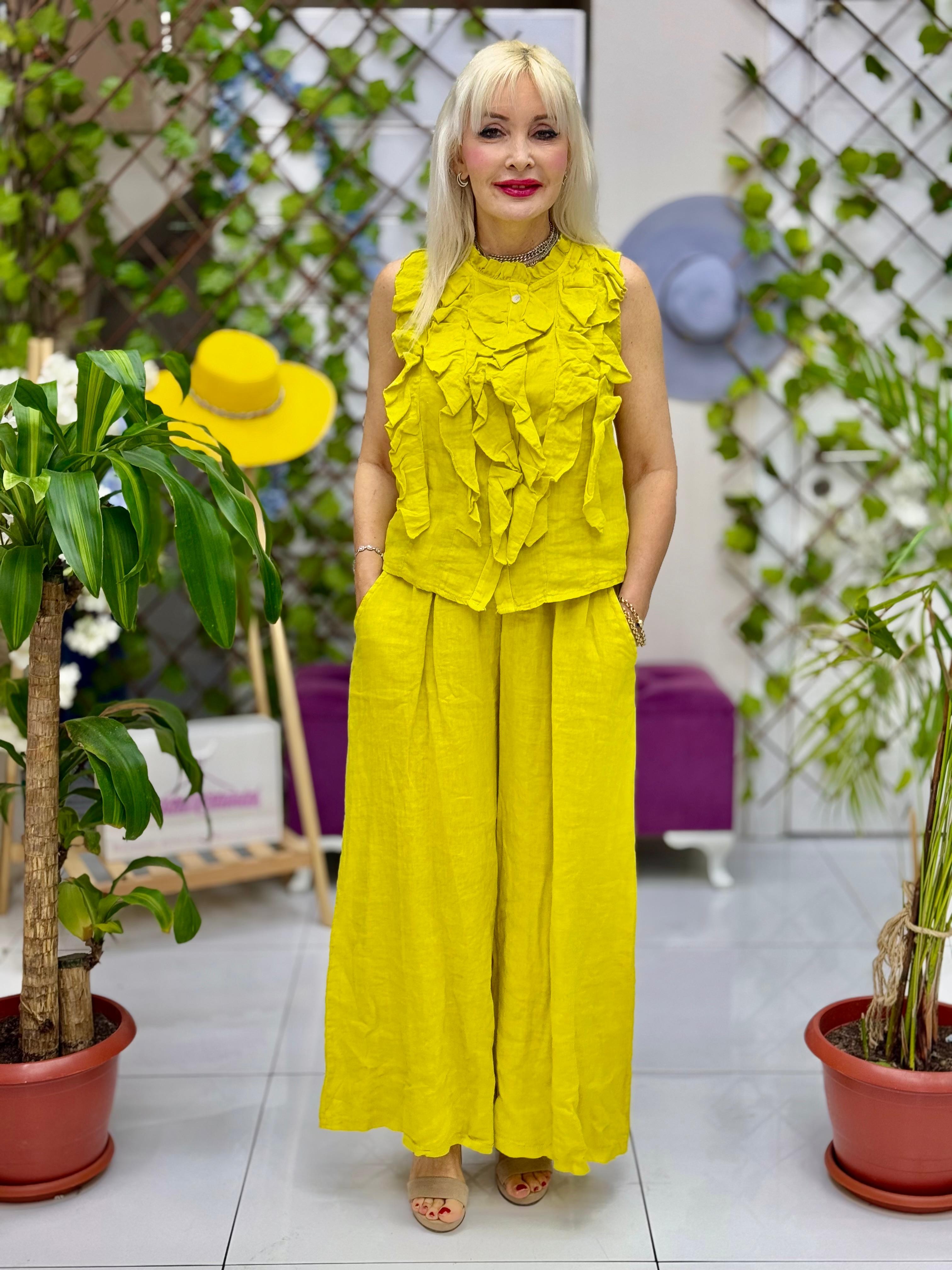 NC1548 Fırfırlı Yelekli Keten Takım Limon
