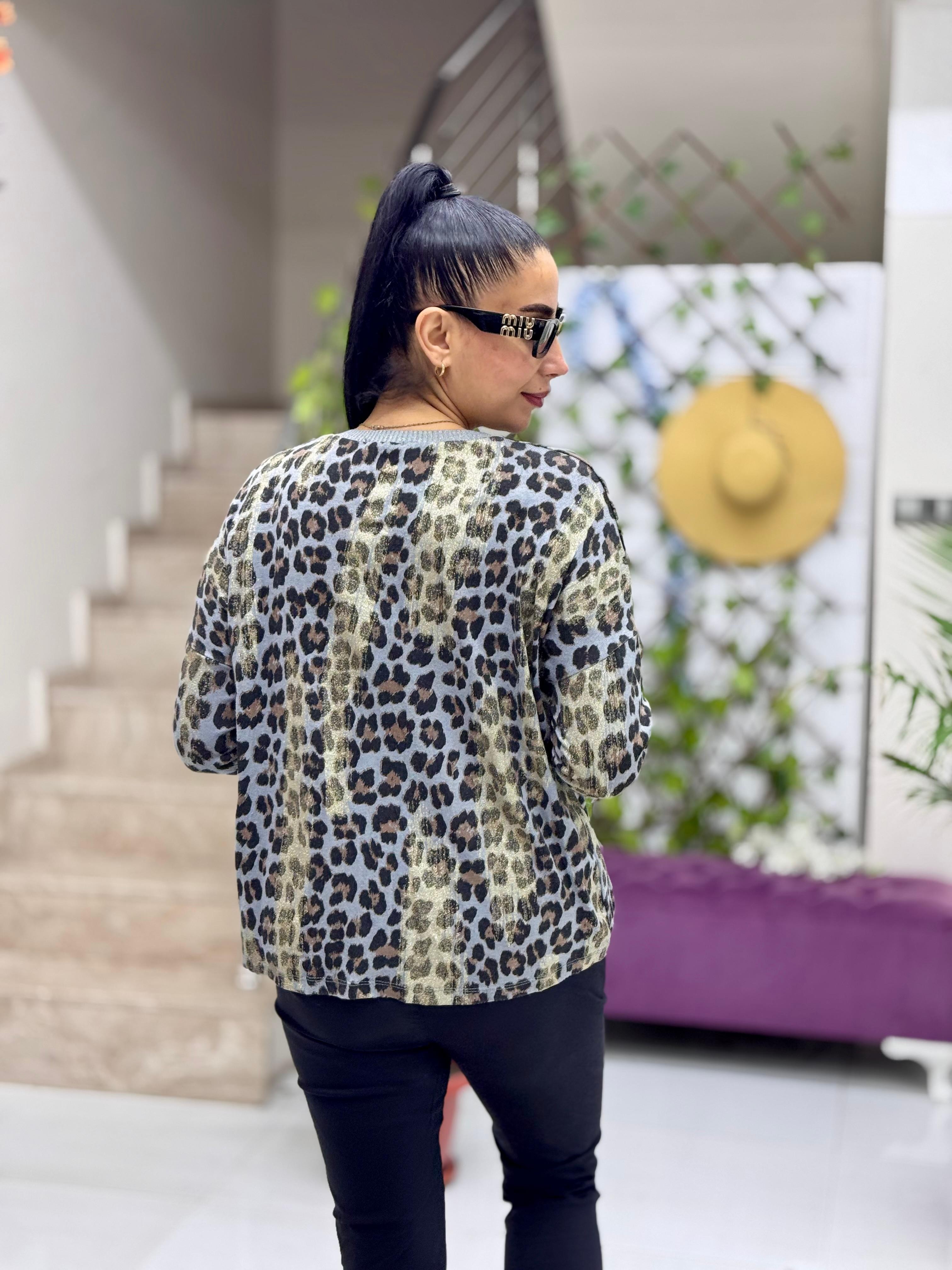 P24508 İtalyan Simli Leopar Bluz Gri