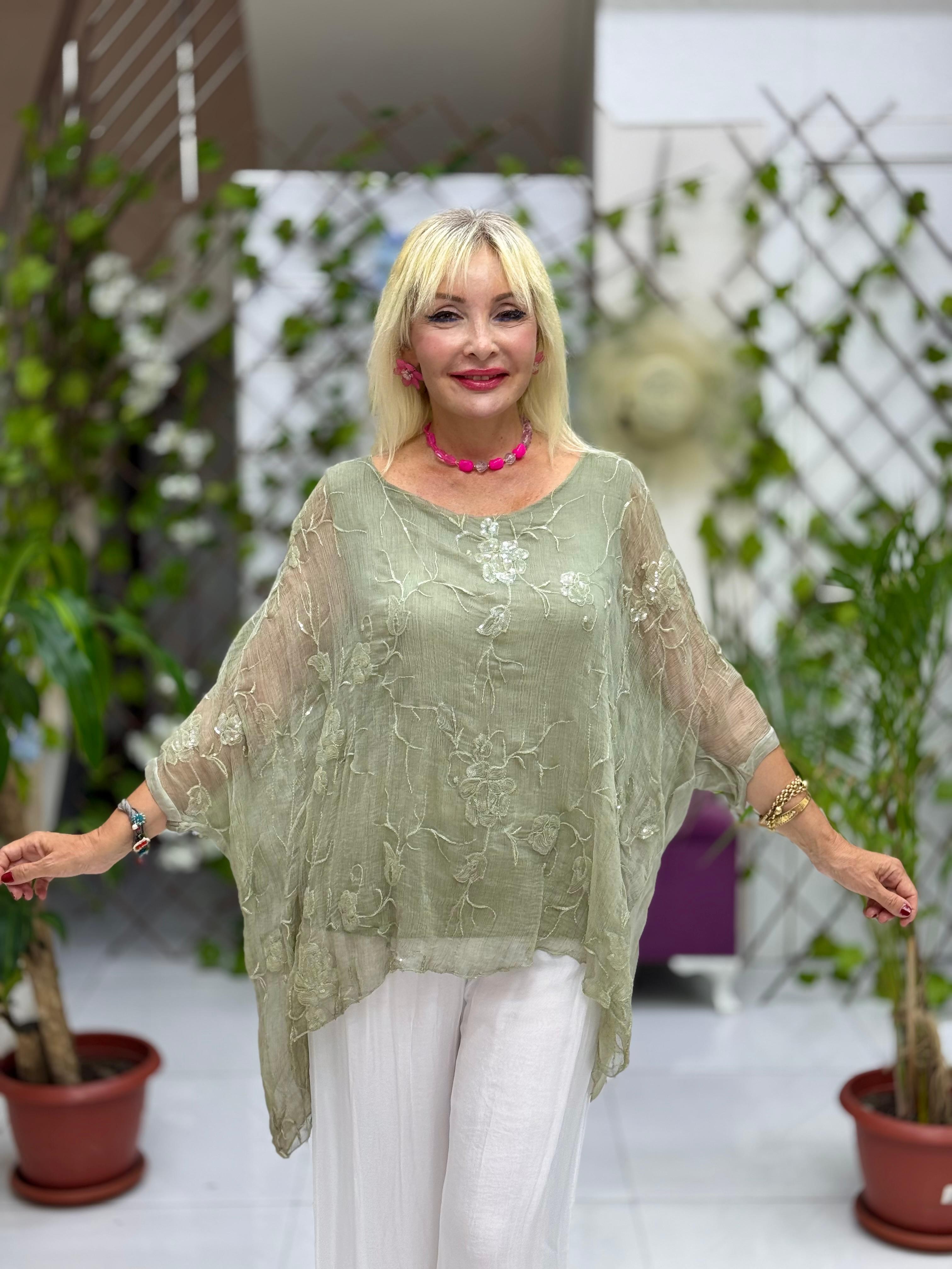NC66893 İtalyan Pul Payetli İpek Bluz Haki
