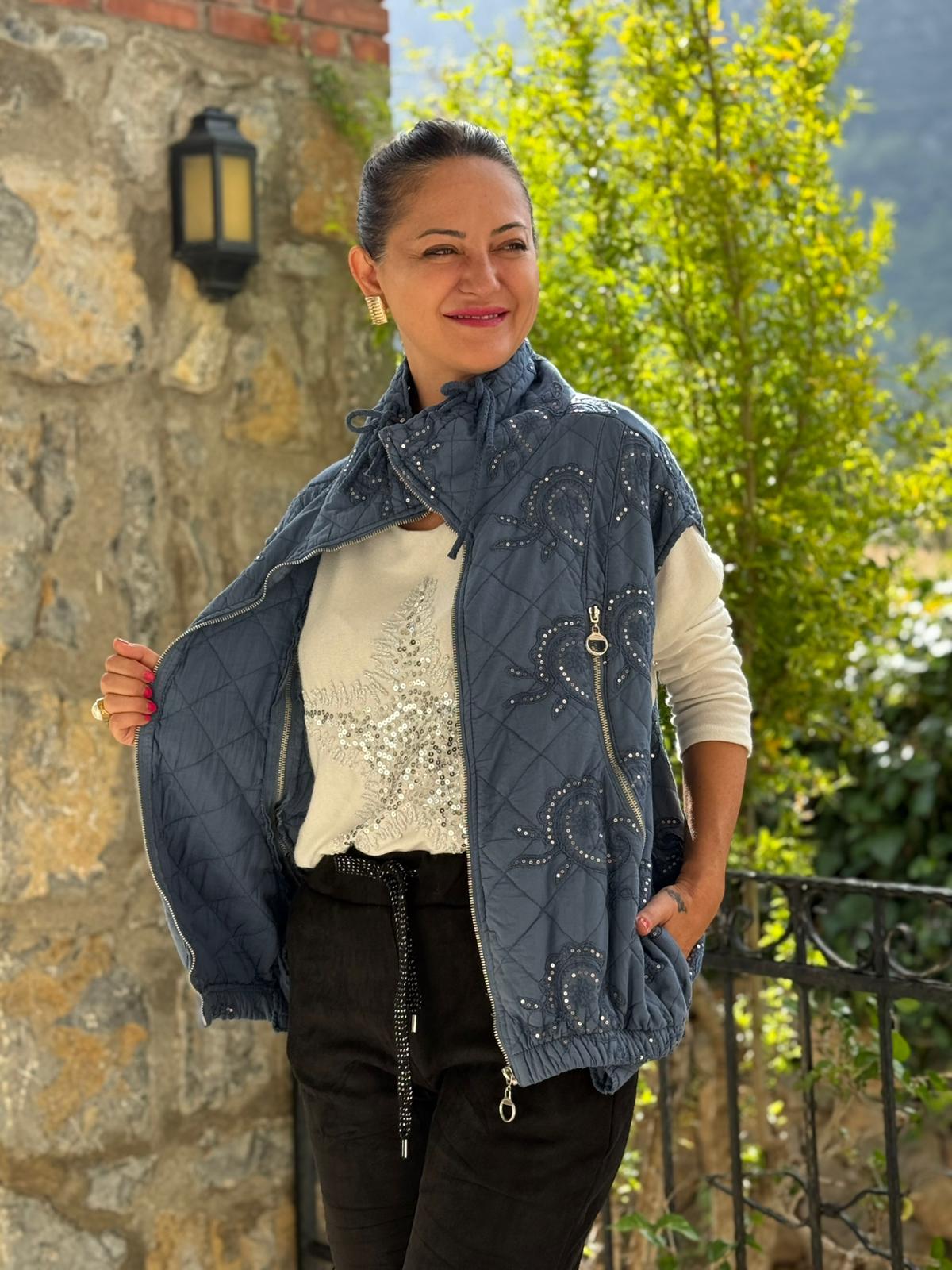 NC61582 Pul Payetli Balıkçı Yaka İtalyan Kapitone Yelek Mavi