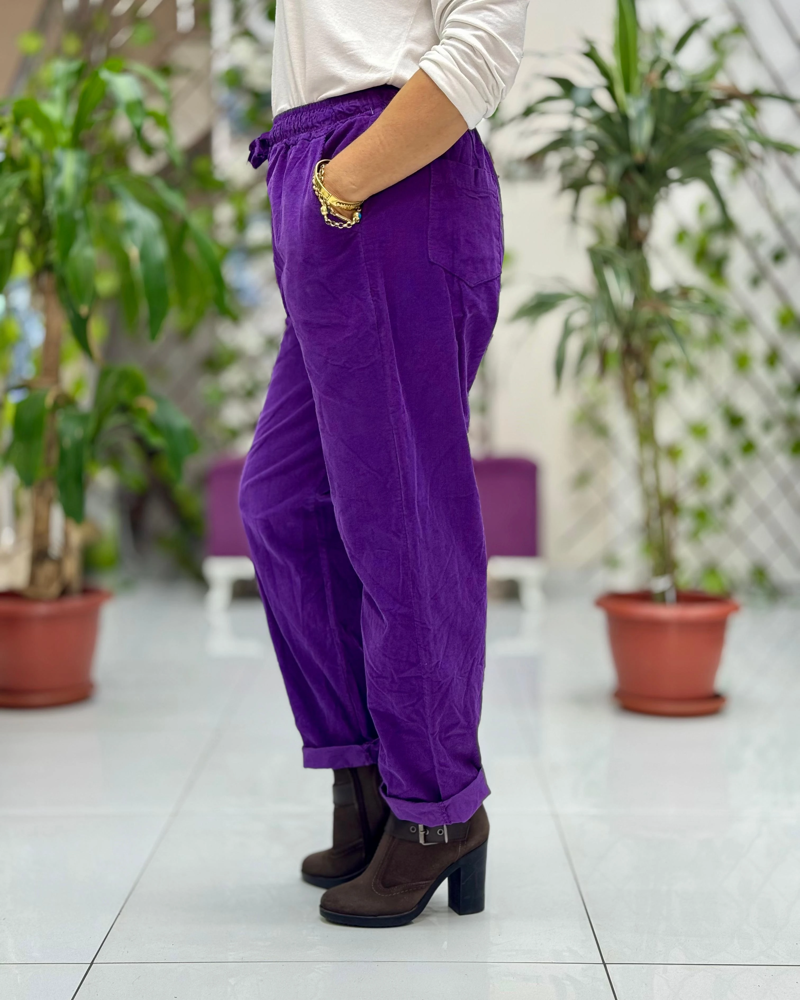 YG3005 Beli Bağcıklı İtalyan Kadife Pantolon Mor