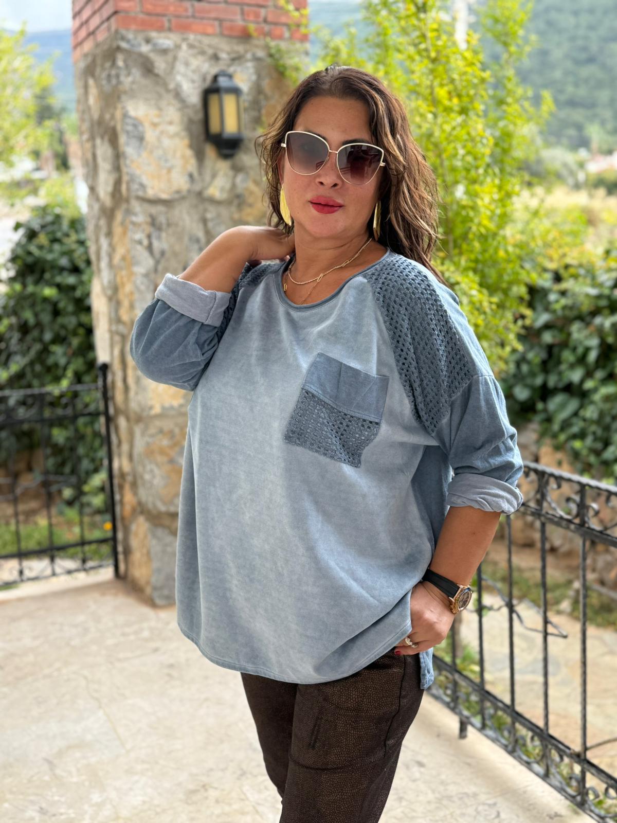 YG2098 Omuz Cep Dantelli Süet İtalyan Sweatshirt Mavi