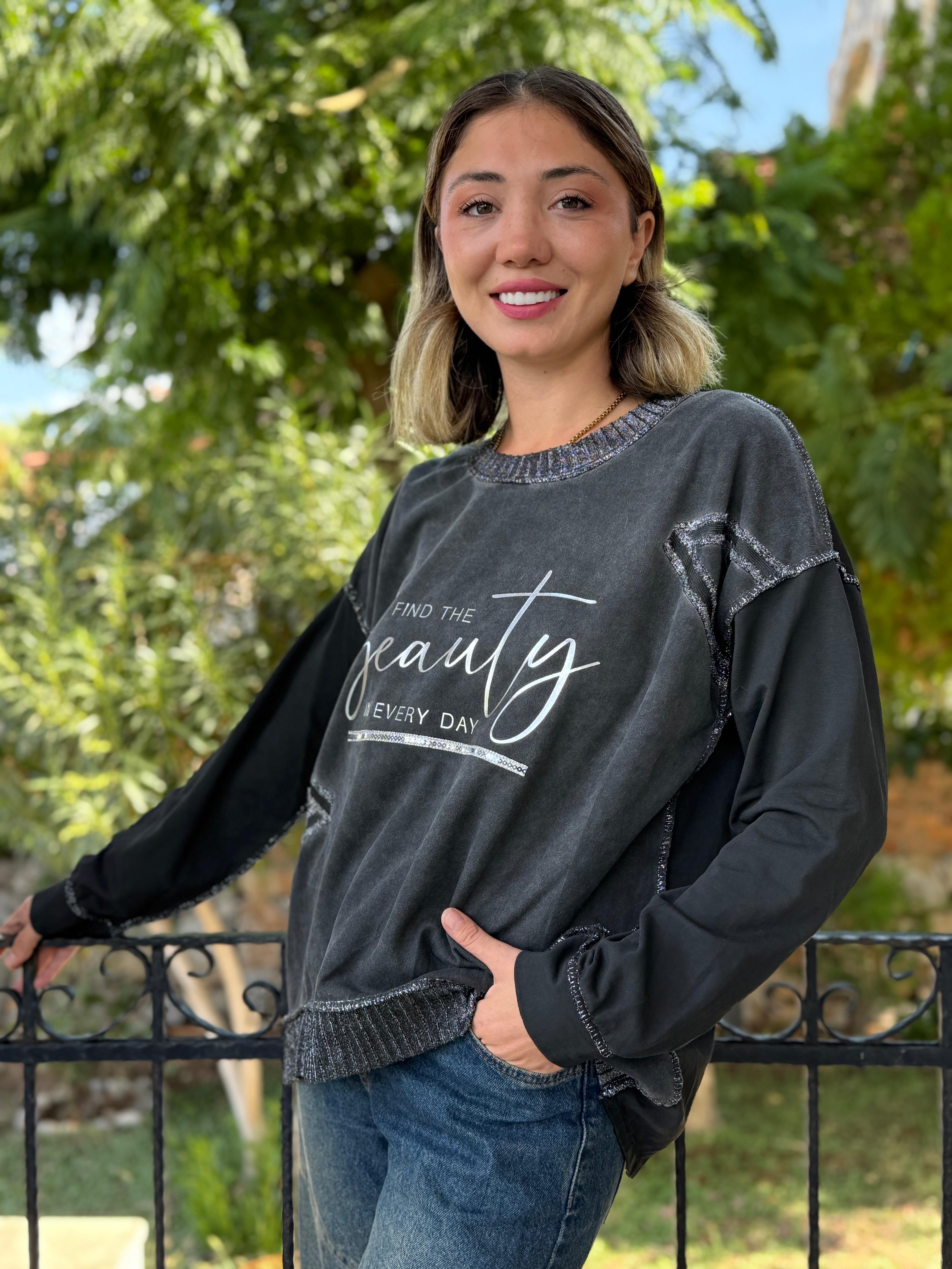NC50793 İtalyan Beauty Yazılı Coton Sweatshirt Füme