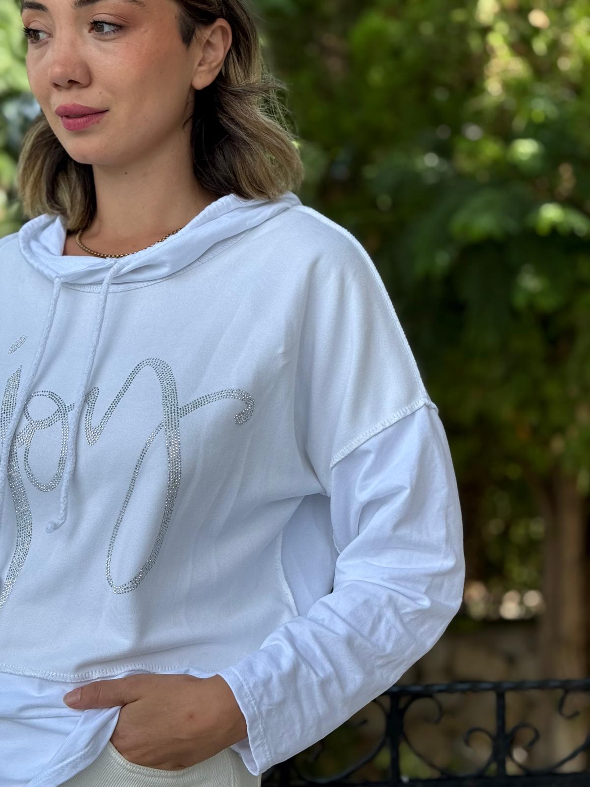 NC8533C İtalyan Joy Taşlı Kapüşonlu Coton Sweatshirt Beyaz