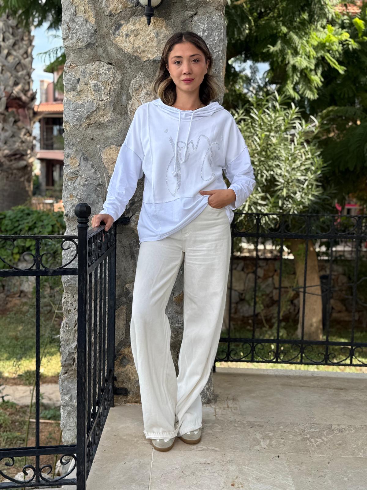 NC8533C İtalyan Joy Taşlı Kapüşonlu Coton Sweatshirt Beyaz