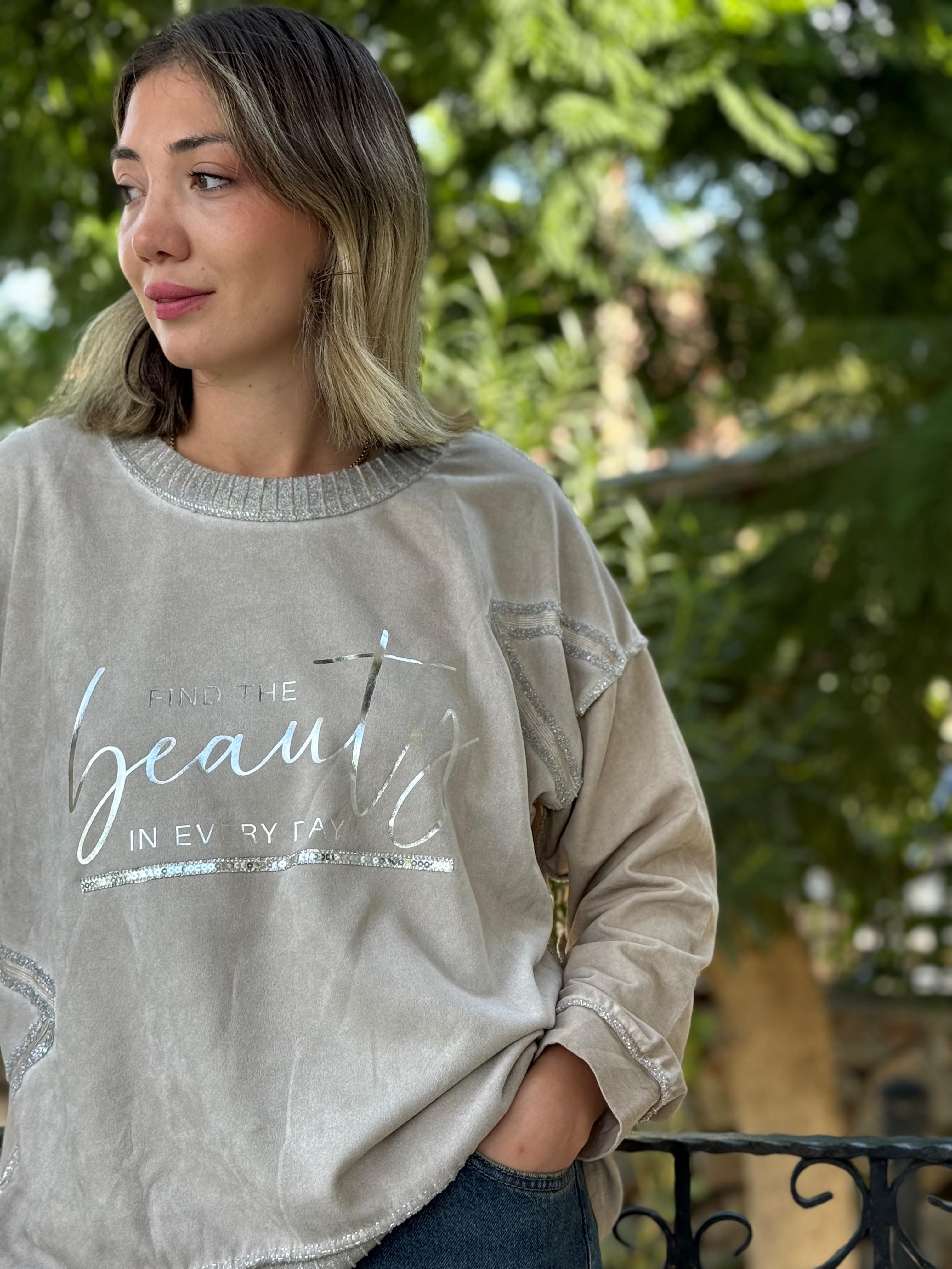 NC50793 İtalyan Beauty Yazılı Coton Sweatshirt Krem