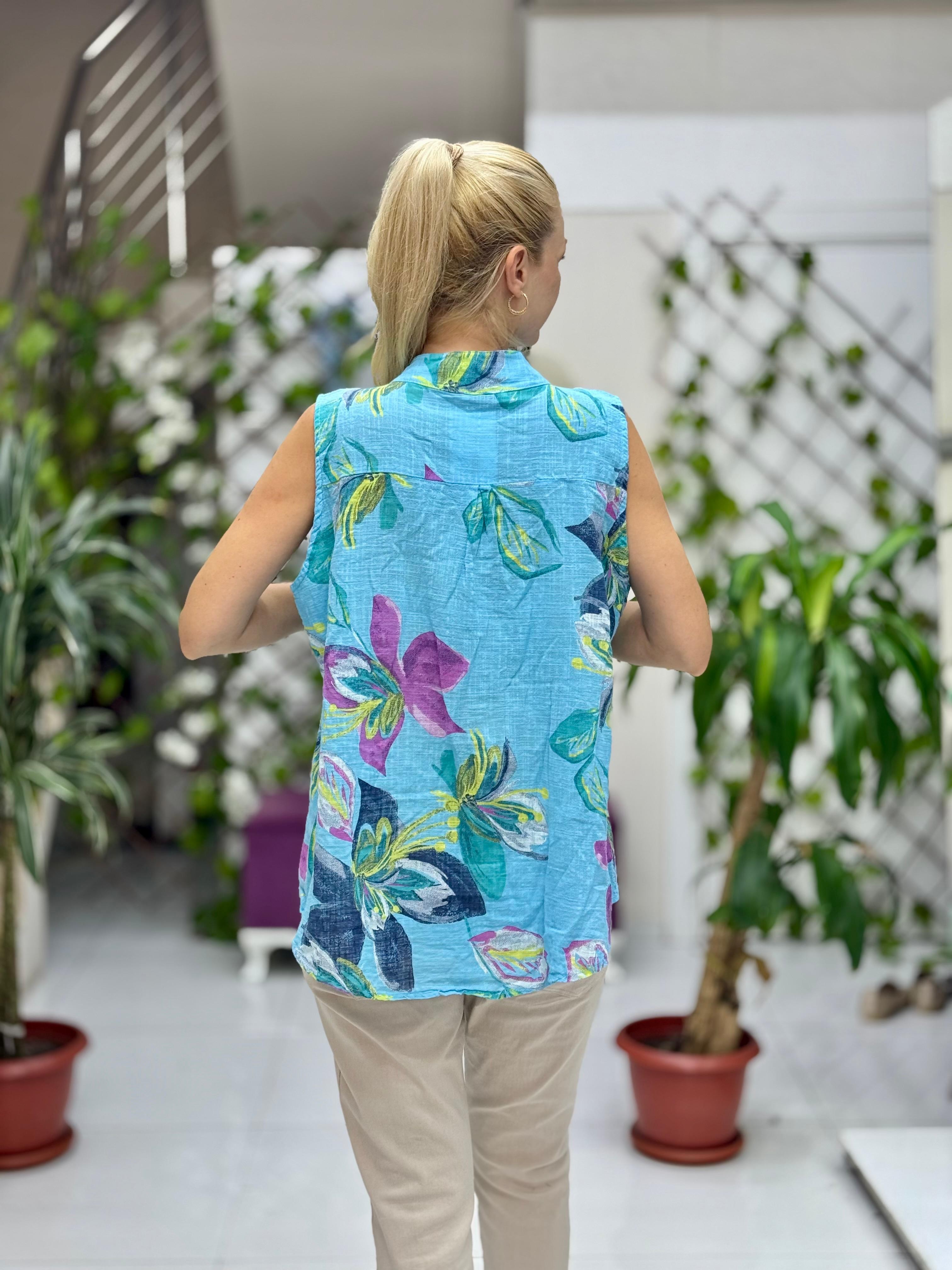 LS8819B Kolsuz Pamukketen Cepli İtalyan Bluz Mavi
