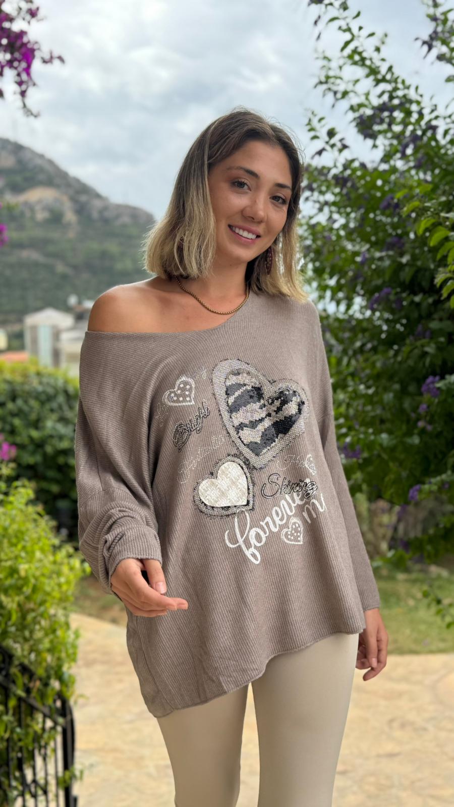 LS6211 İtalyan Kalp Desenli Triko Bluz Vizon