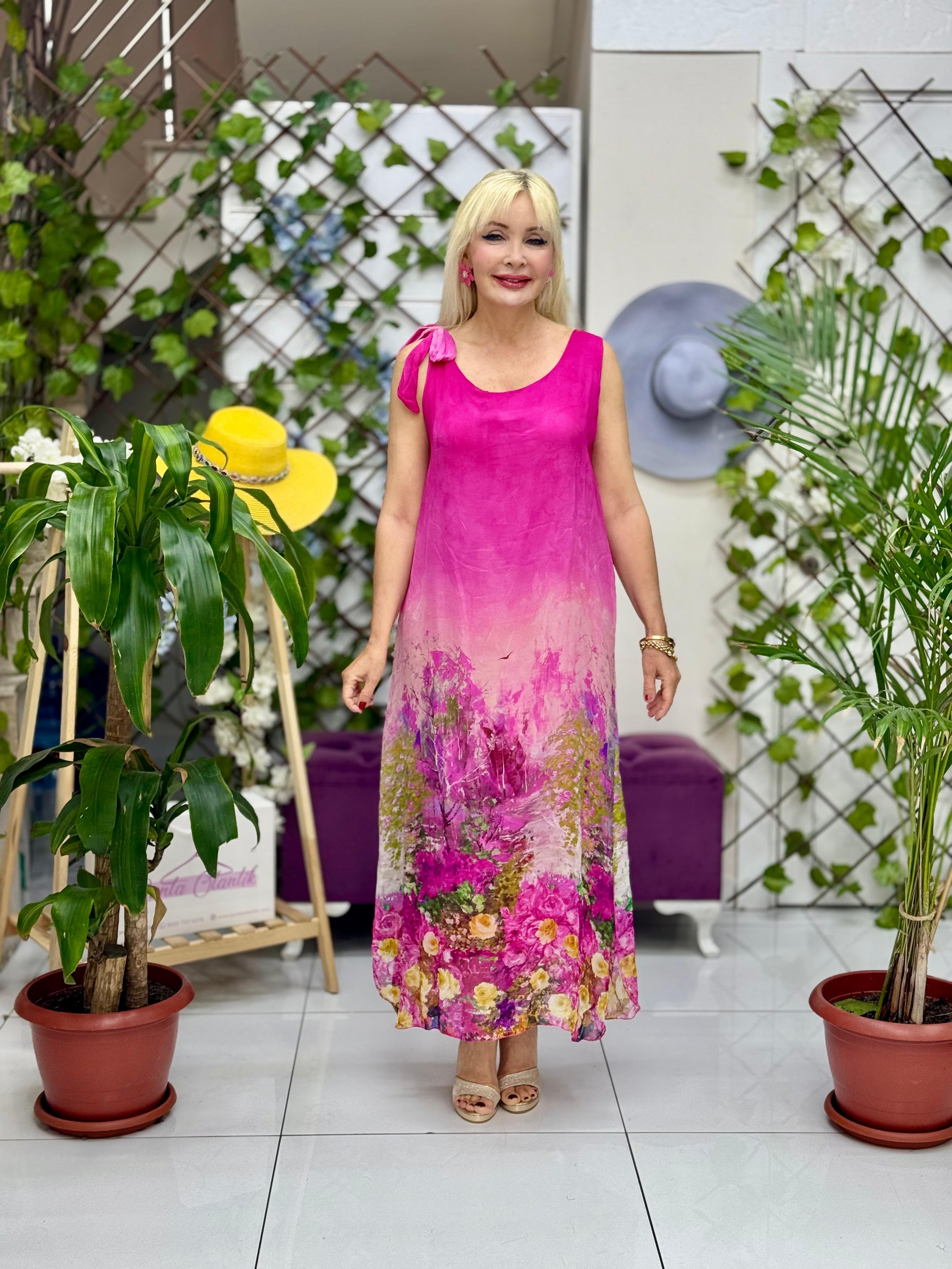 YG6204 İtalyan Omuz Bağlamalı İpek Elbise Pembe