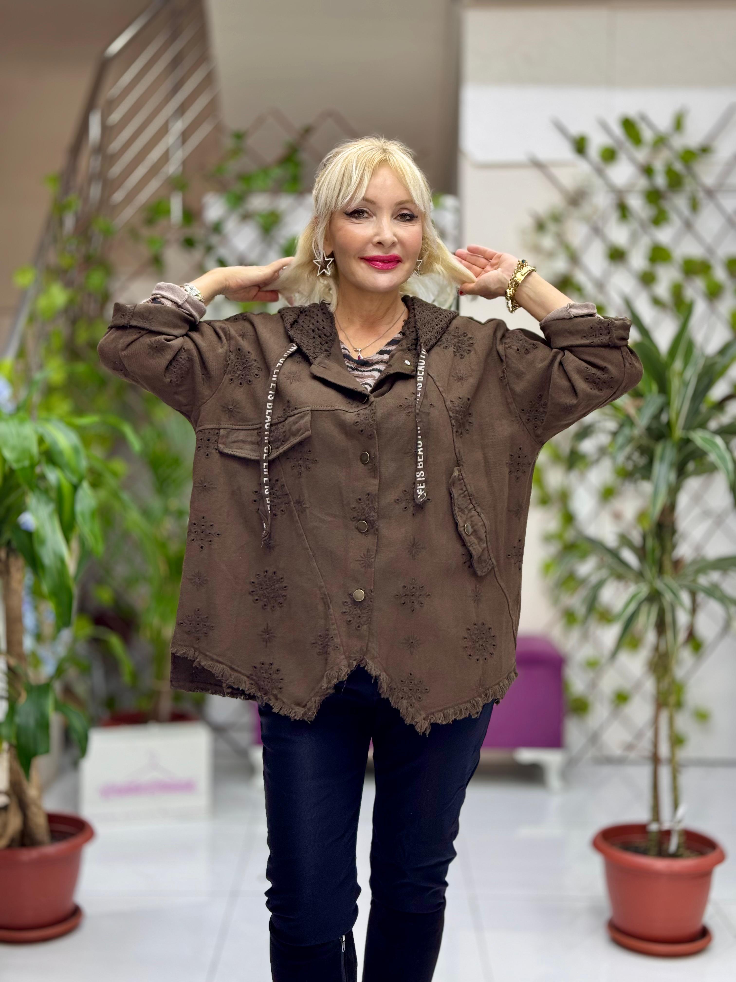 YG25068 Kapişonlu Güpürlü Düğmeli İtalyan Kot Ceket Kahverengi