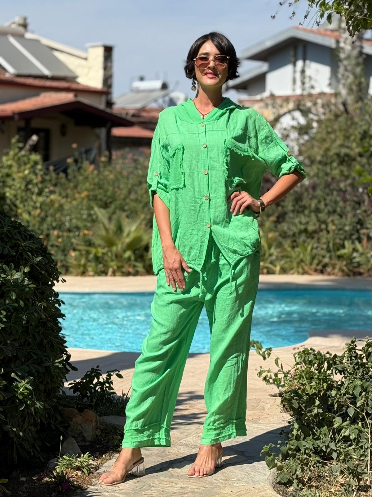 PT2256 İtalyan Önü Cepli Kapüşonlu Keten Takım Yeşil