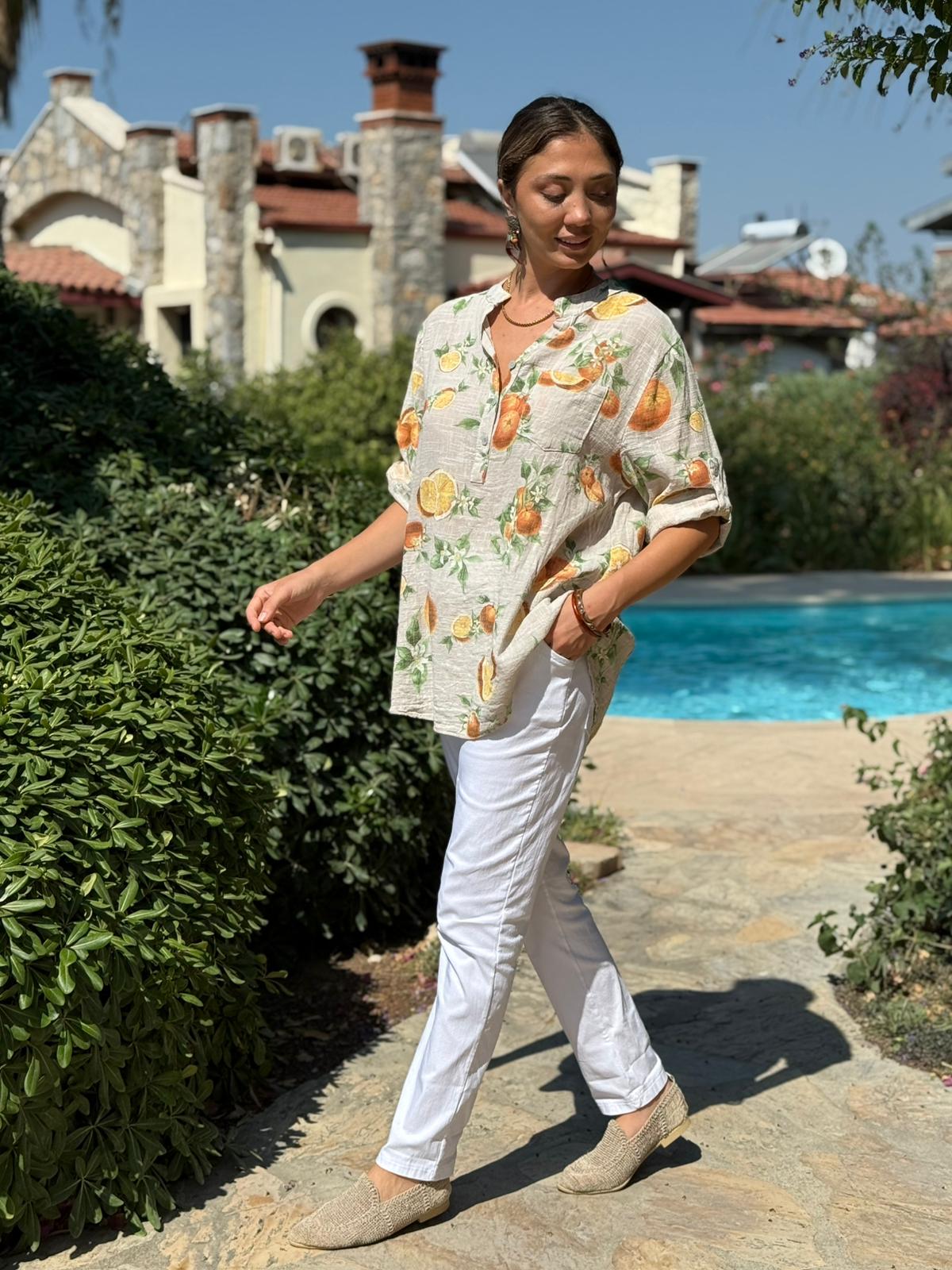 NC154553 İtalyan Pamuk Keten Bluz Krem