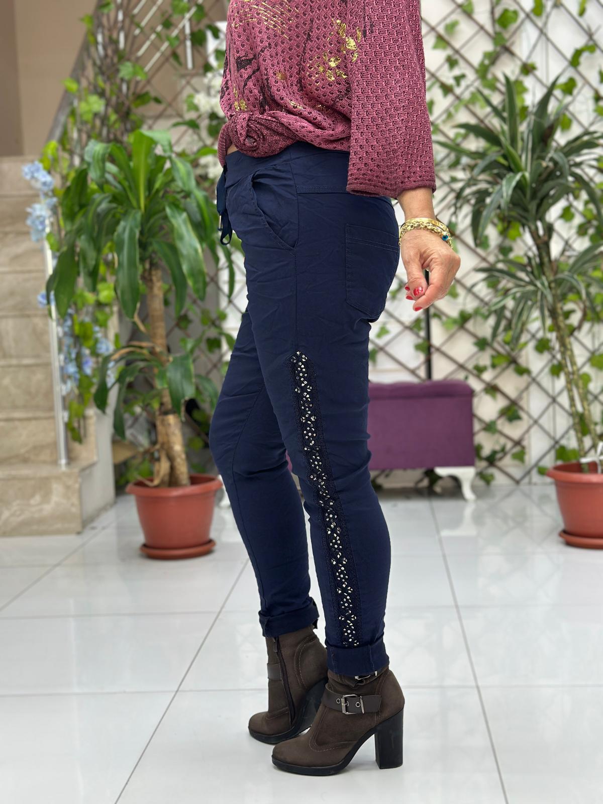 YG60008 İtalyan Yanlar Pulpayet Coton Pantolon Lacivert